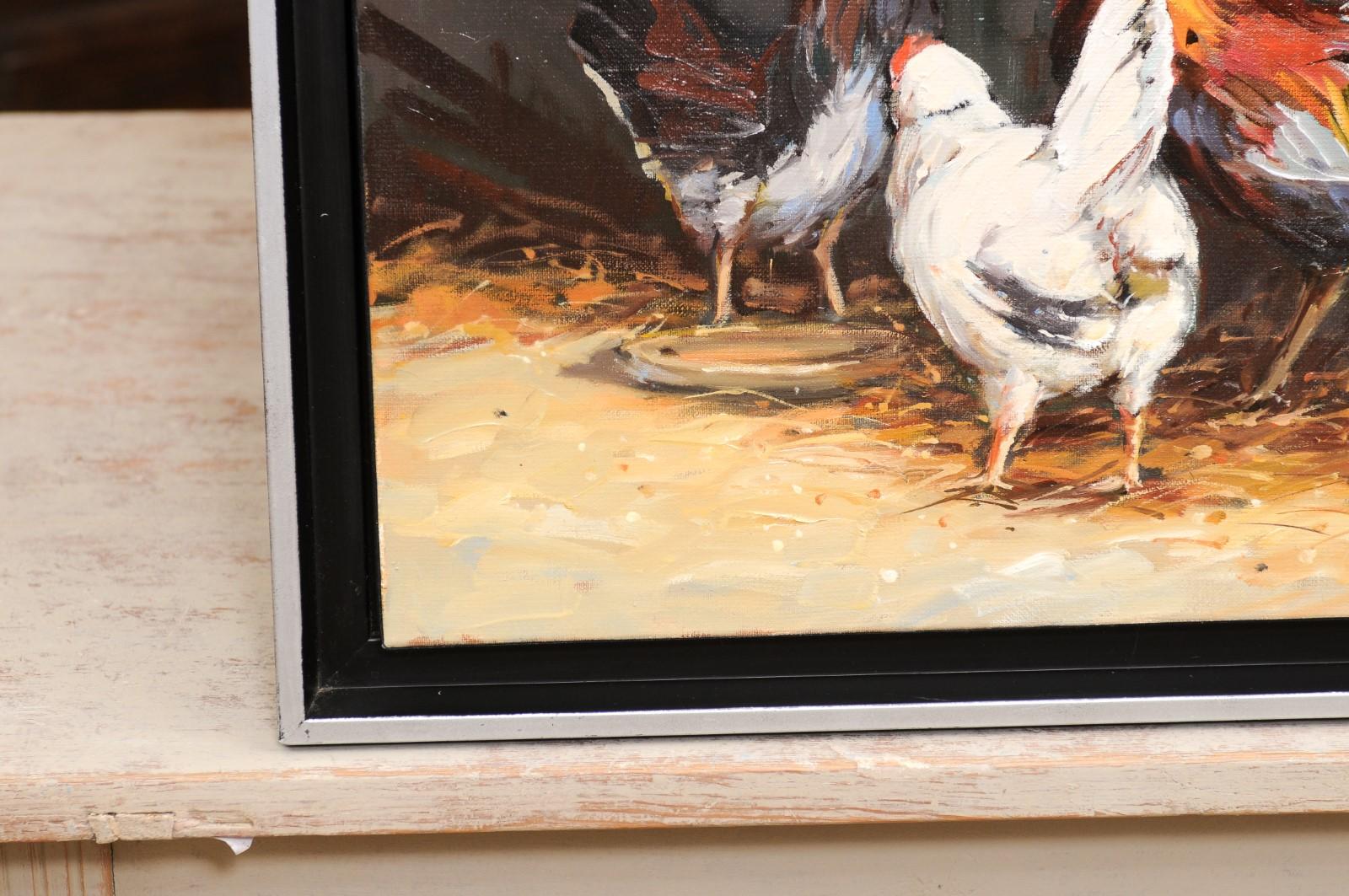 French Late 20th Century Framed and Signed Oil on Canvas Barnyard Scene Painting For Sale 3