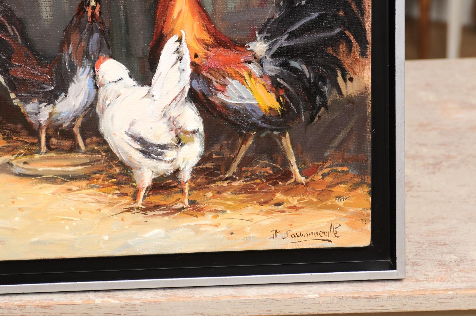 French Late 20th Century Framed and Signed Oil on Canvas Barnyard Scene Painting For Sale 4