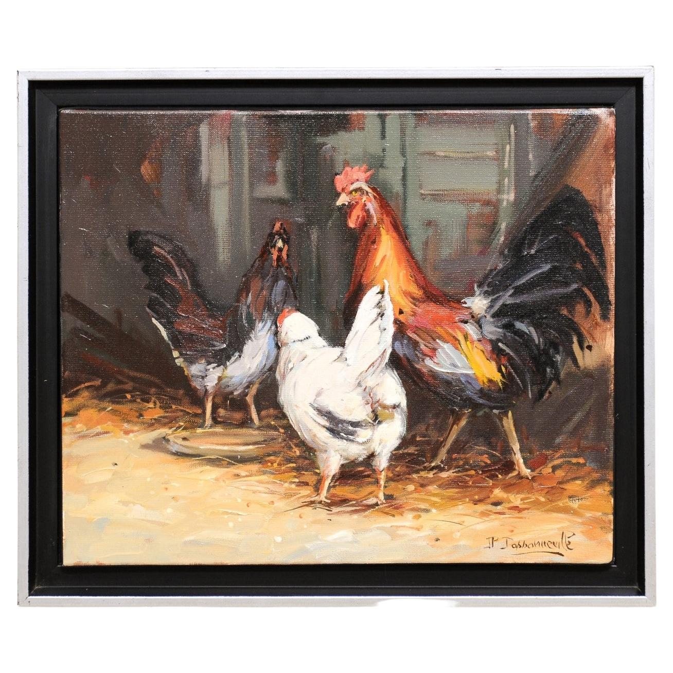 French Late 20th Century Framed and Signed Oil on Canvas Barnyard Scene Painting For Sale