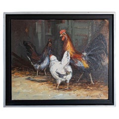 Pittura francese della fine del XX secolo incorniciata e firmata, olio su tela con scena di cortile