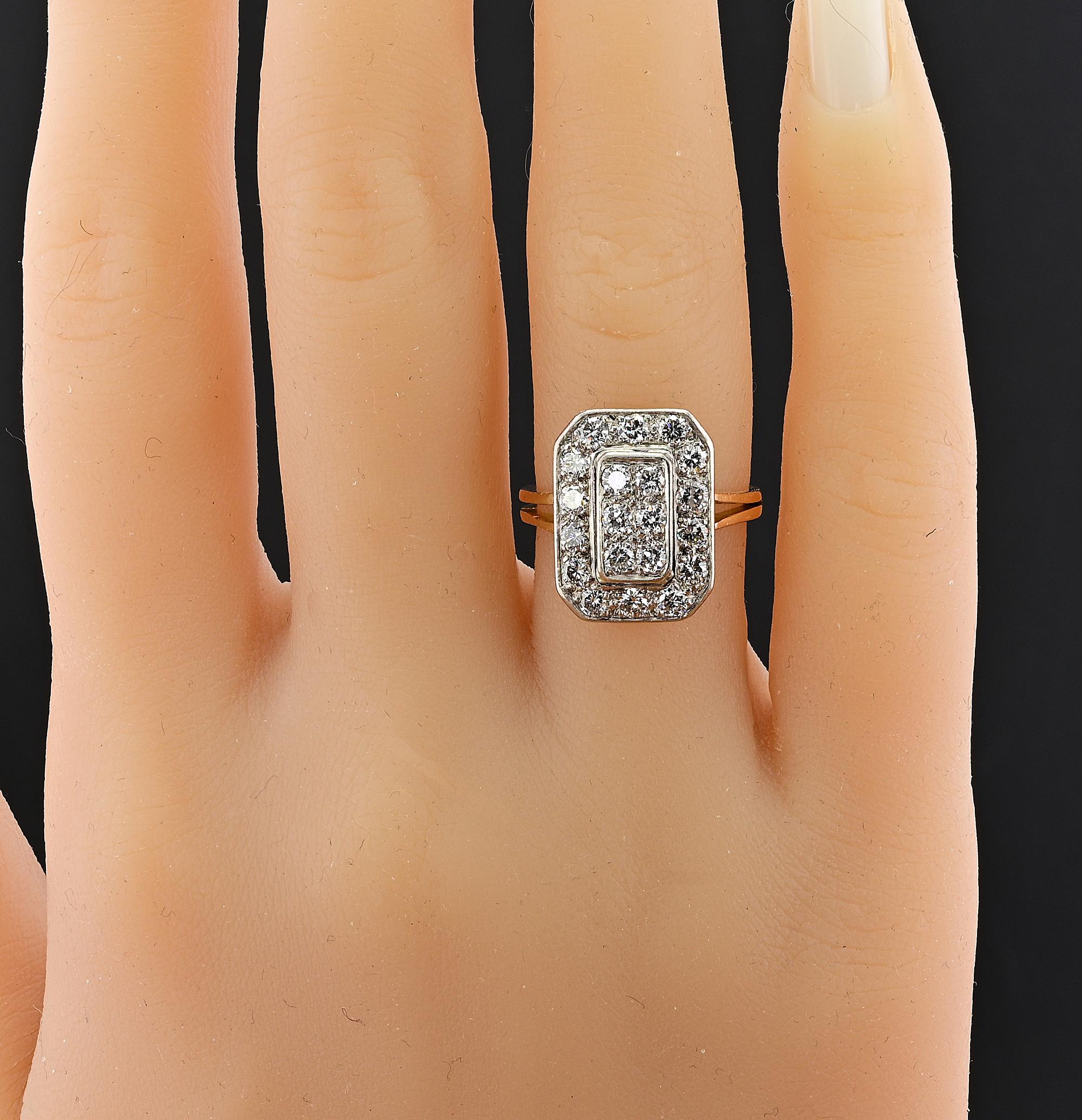 French Late Art Deco 1.20 Diamond 18 KT Platinum Geometric Ring For Sale 4