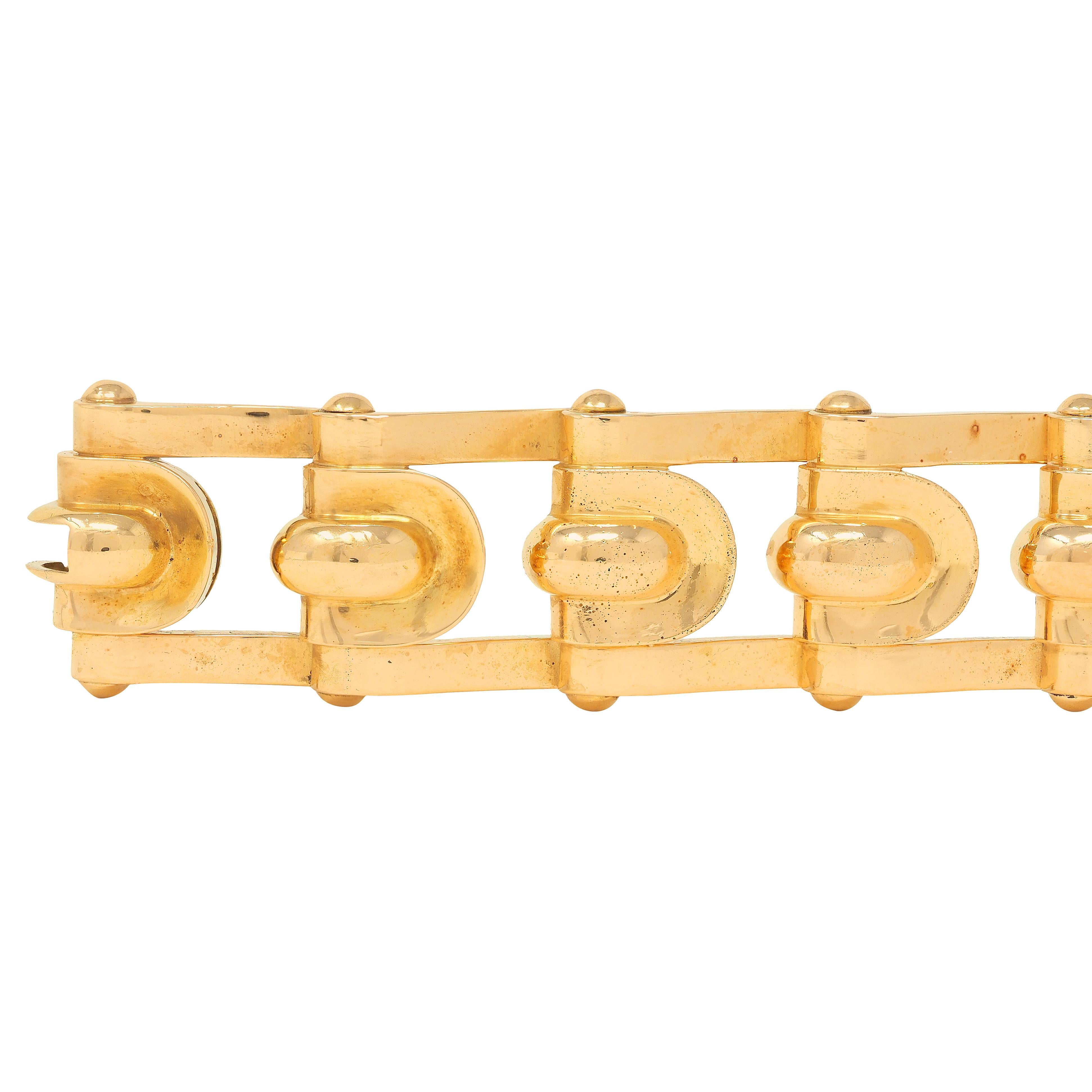 Women's or Men's French Late Art Deco 18 Karat Yellow Gold Hinged Geometric Link Vintage Bracelet For Sale