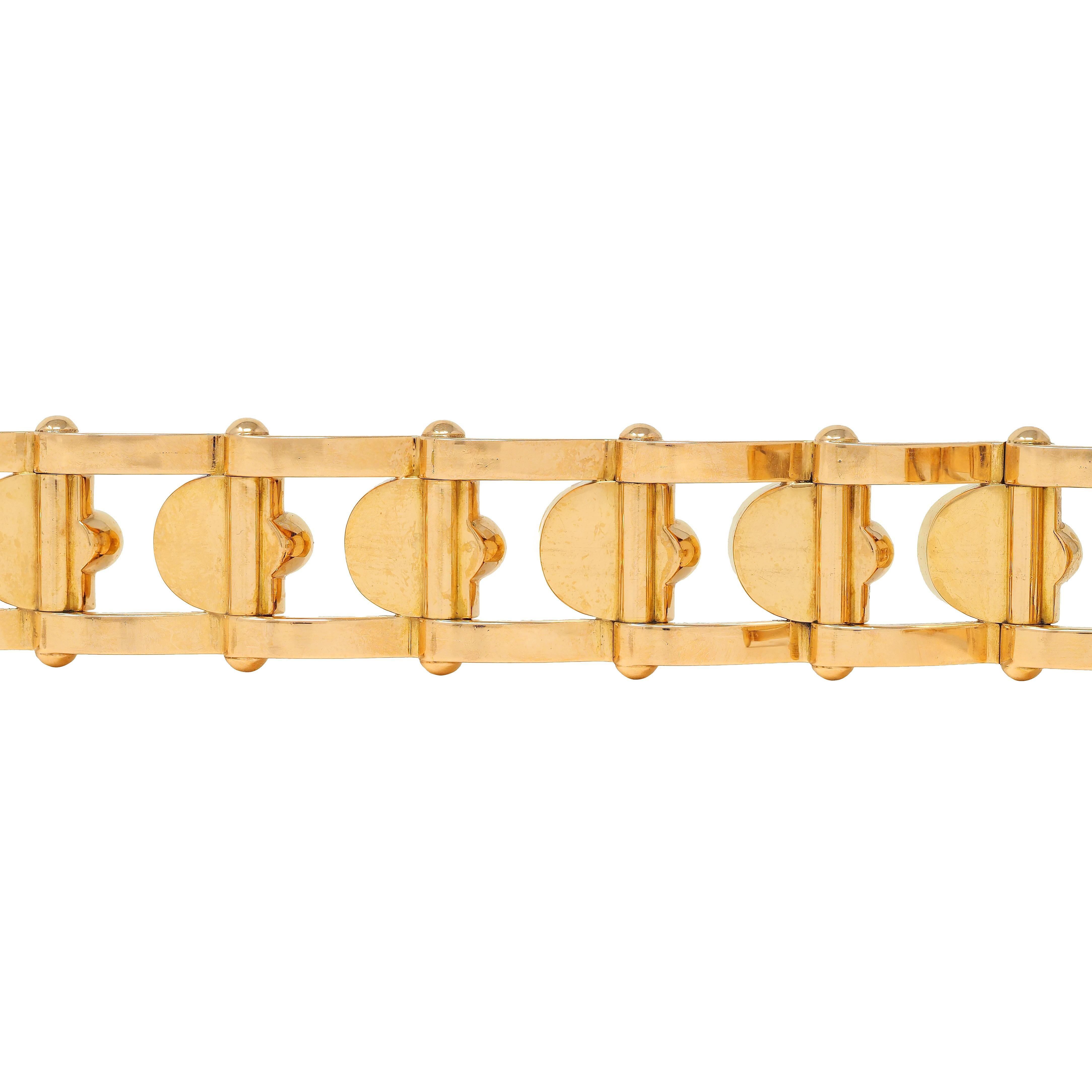 French Late Art Deco 18 Karat Yellow Gold Hinged Geometric Link Vintage Bracelet For Sale 1
