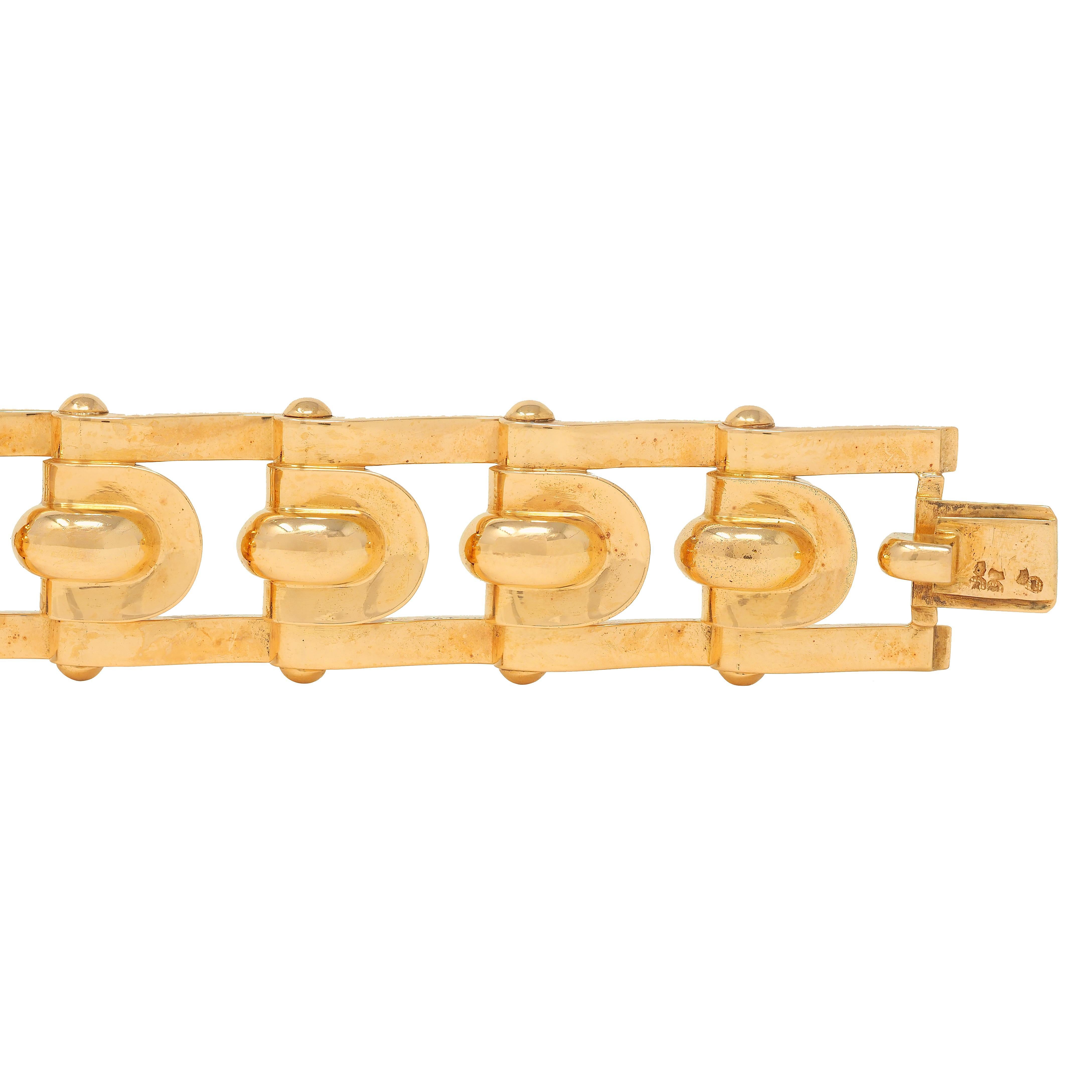 French Late Art Deco 18 Karat Yellow Gold Hinged Geometric Link Vintage Bracelet For Sale 2