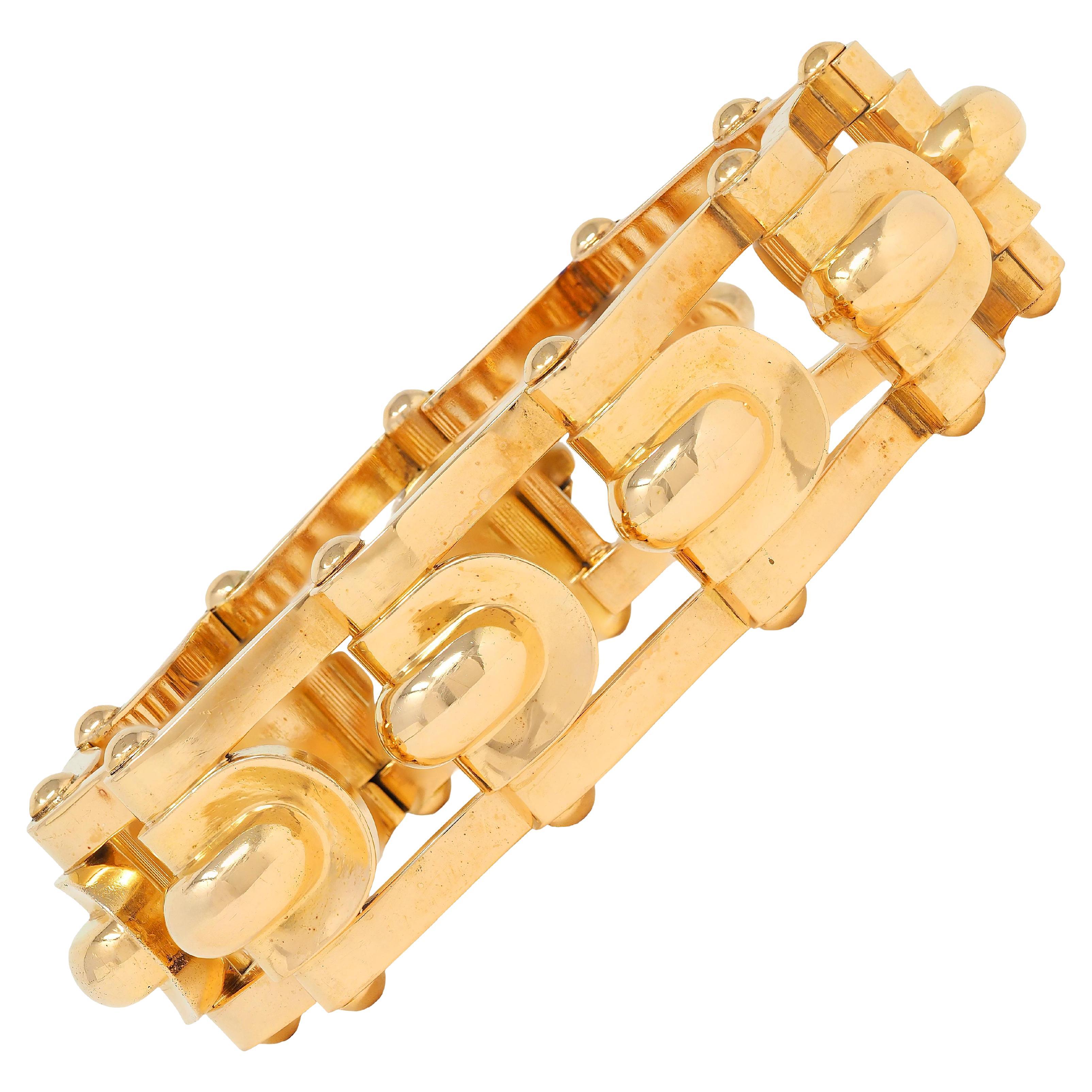 French Late Art Deco 18 Karat Yellow Gold Hinged Geometric Link Vintage Bracelet For Sale