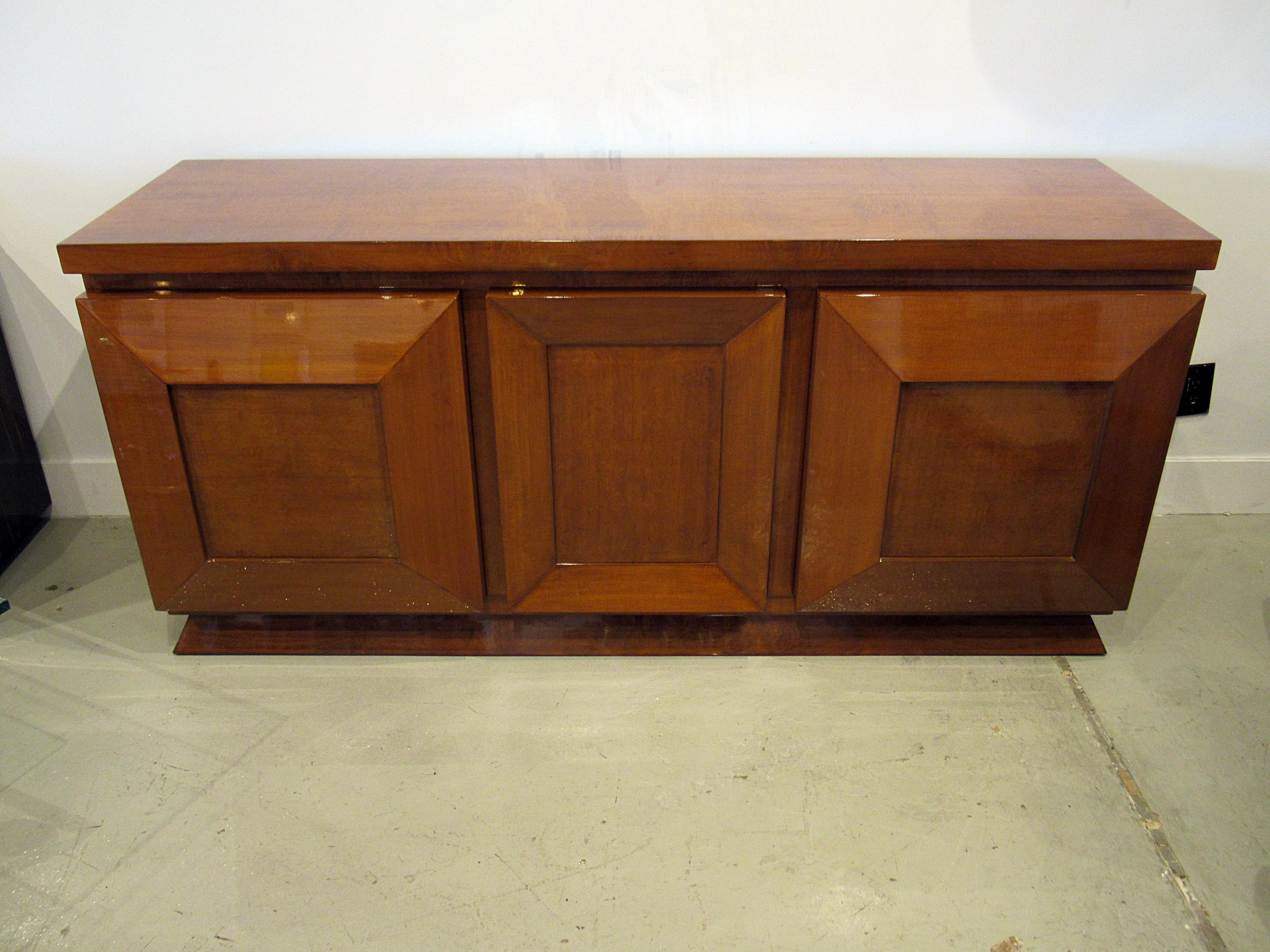 Mid-Century Modern French Late Art Deco Burl Walnut Three-Door Credenza or Buffet, Andre Sornay