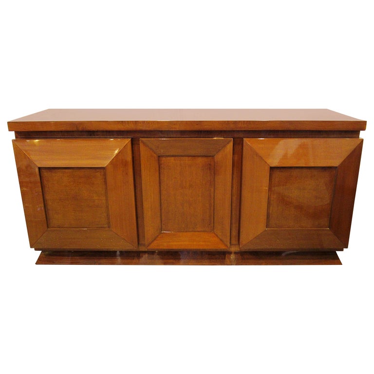 French Late Art Deco Burl Walnut Three Door Credenza Or Buffet