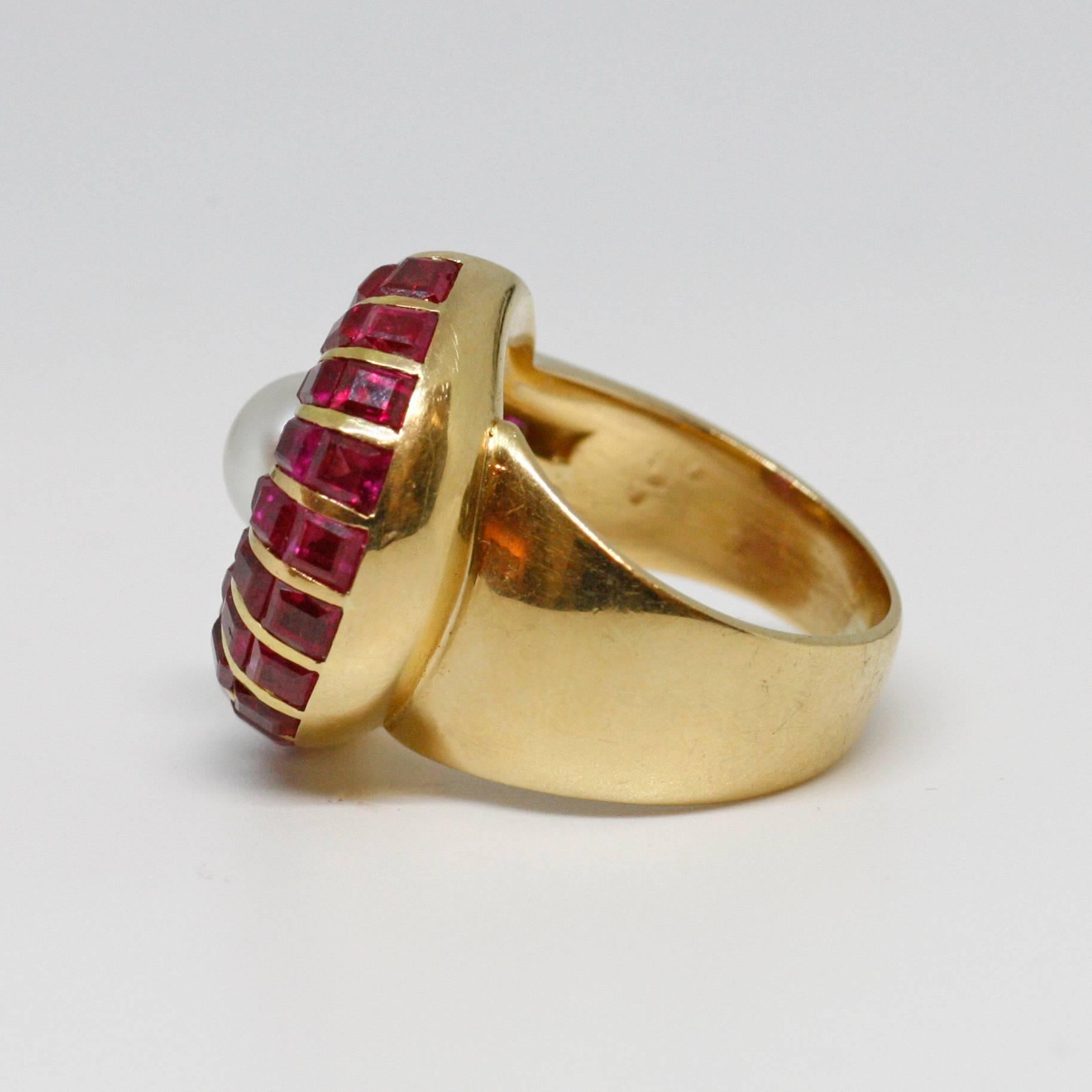 Women's French Late Art Deco Gold Ruby and Pearl Ring