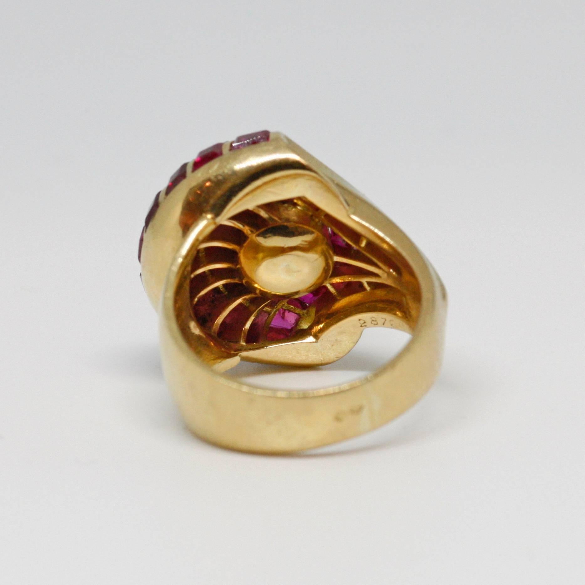 French Late Art Deco Gold Ruby and Pearl Ring 1