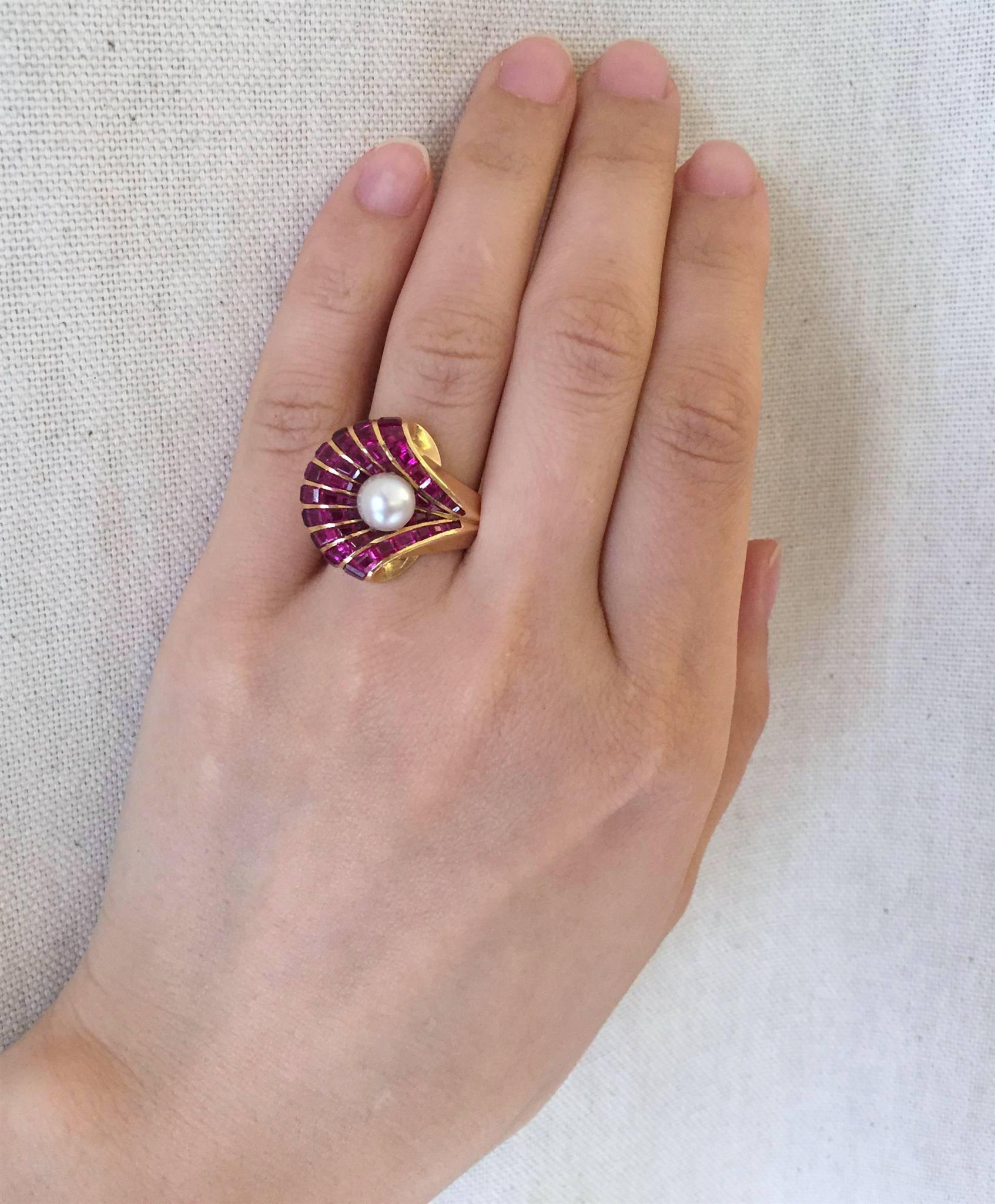 French Late Art Deco Gold Ruby and Pearl Ring 2