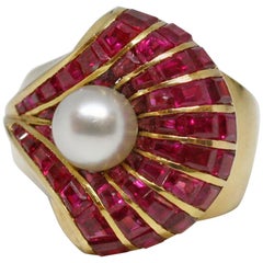 French Late Art Deco Gold Ruby and Pearl Ring