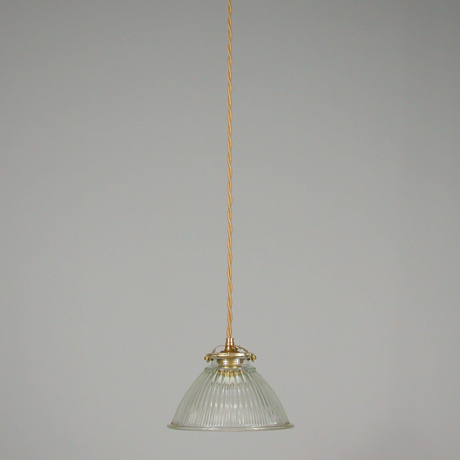 Mid-20th Century French Late Art Deco Holophane Industrial Glass Pendant Light, 1930s to 1940s