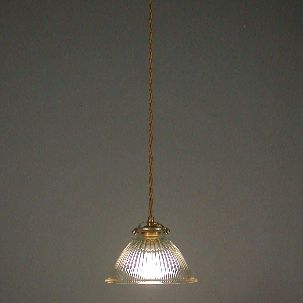 Fabric French Late Art Deco Holophane Industrial Glass Pendant Light, 1930s to 1940s