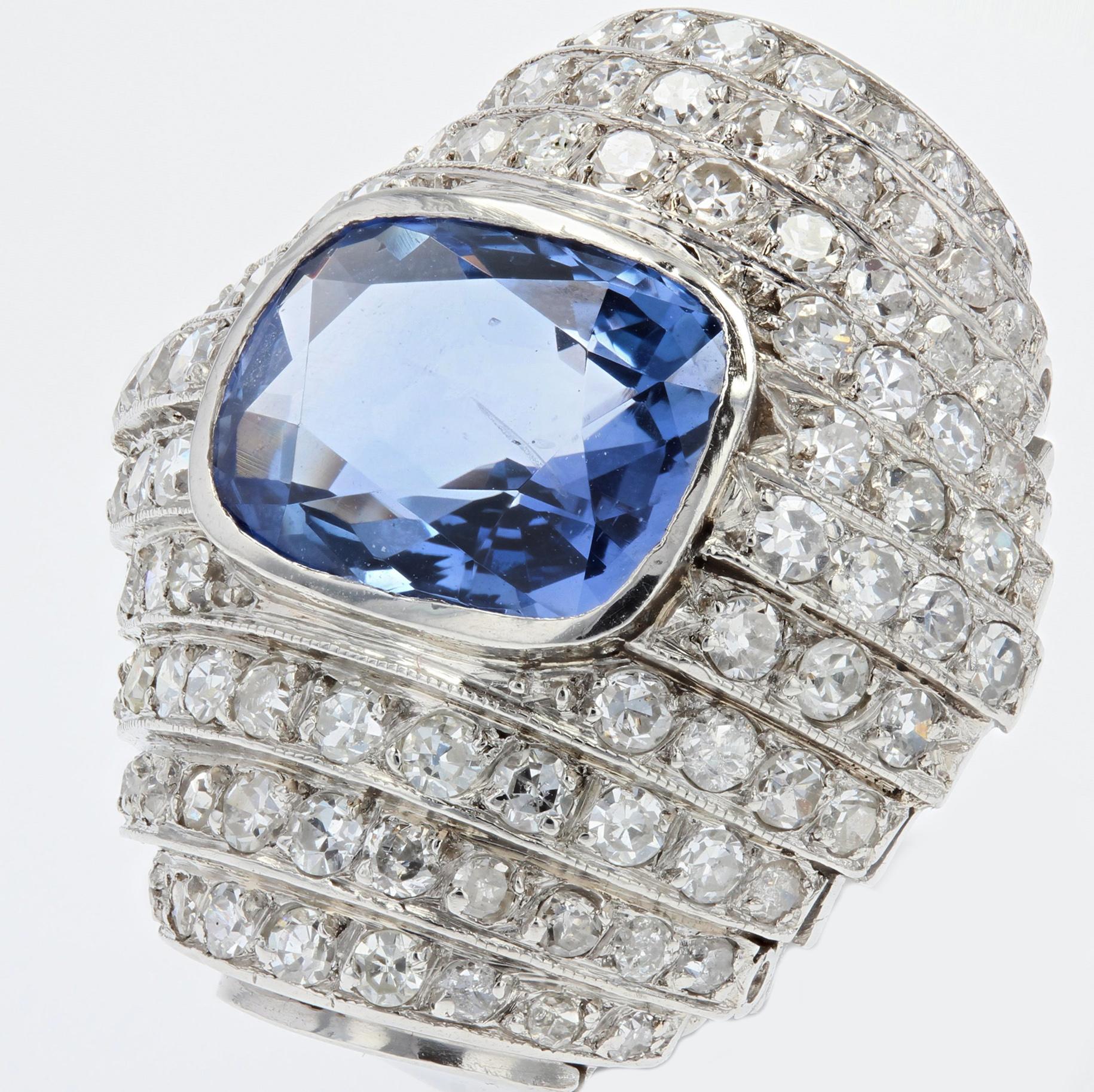 French Late Art Deco Natural Ceylan Sapphire Diamonds Platinum Ring For Sale 1