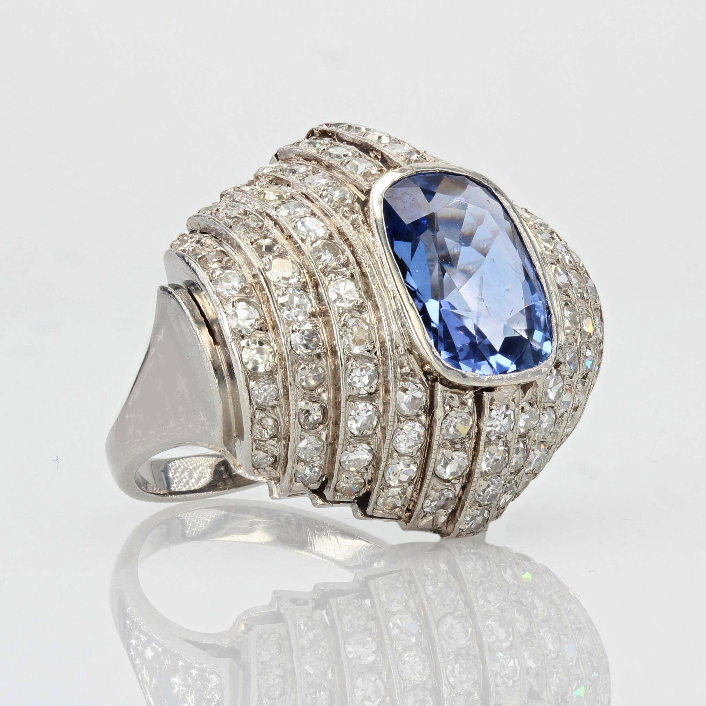 French Late Art Deco Natural Ceylan Sapphire Diamonds Platinum Ring For Sale 3