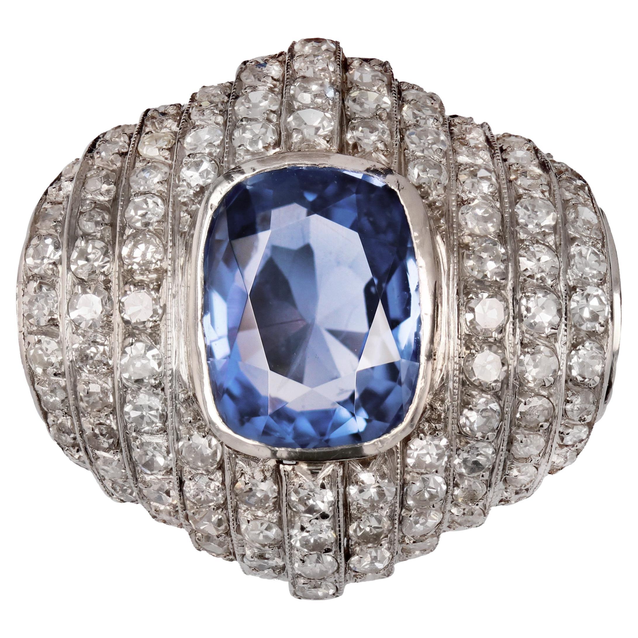 French Late Art Deco Natural Ceylan Sapphire Diamonds Platinum Ring