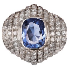 Vintage French Late Art Deco Natural Ceylan Sapphire Diamonds Platinum Ring