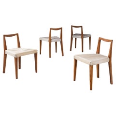 French Late Art Deco Set of Four Dining Chairs in Oak and Leather