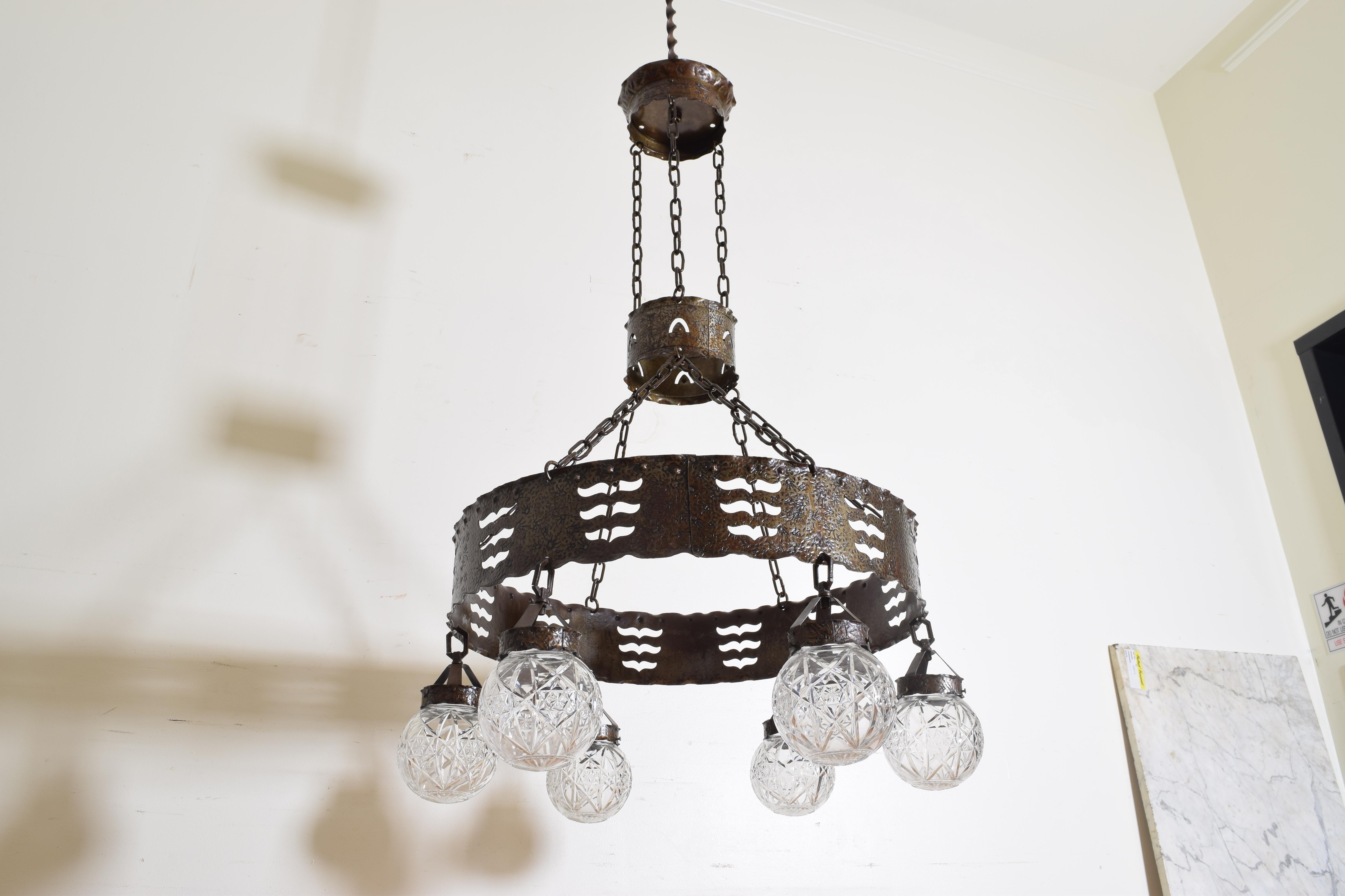 Arts and Crafts French Late Arts & Crafts Hammered Steel Chandelier, 6 Glass Globes