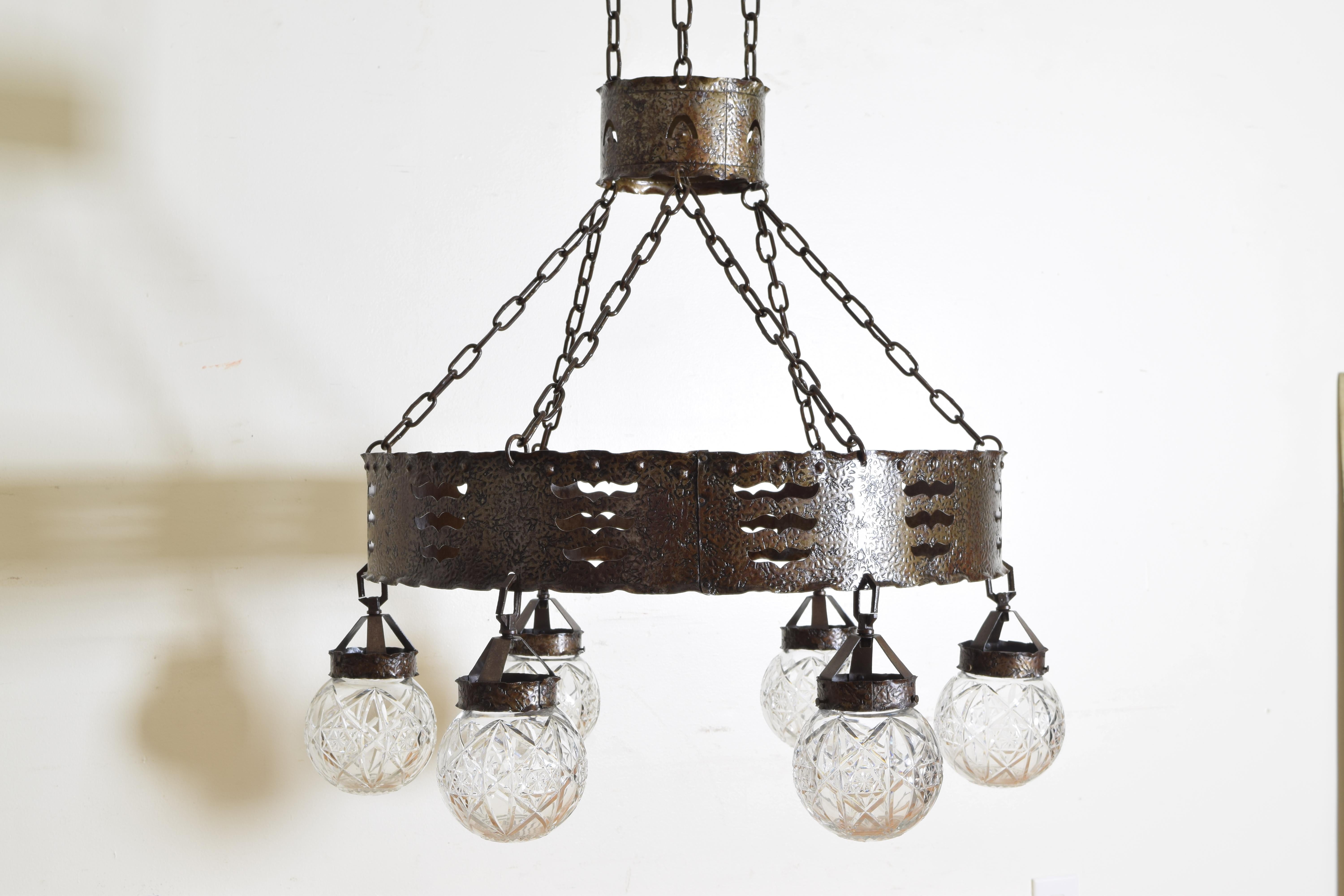 Cut Steel French Late Arts & Crafts Hammered Steel Chandelier, 6 Glass Globes