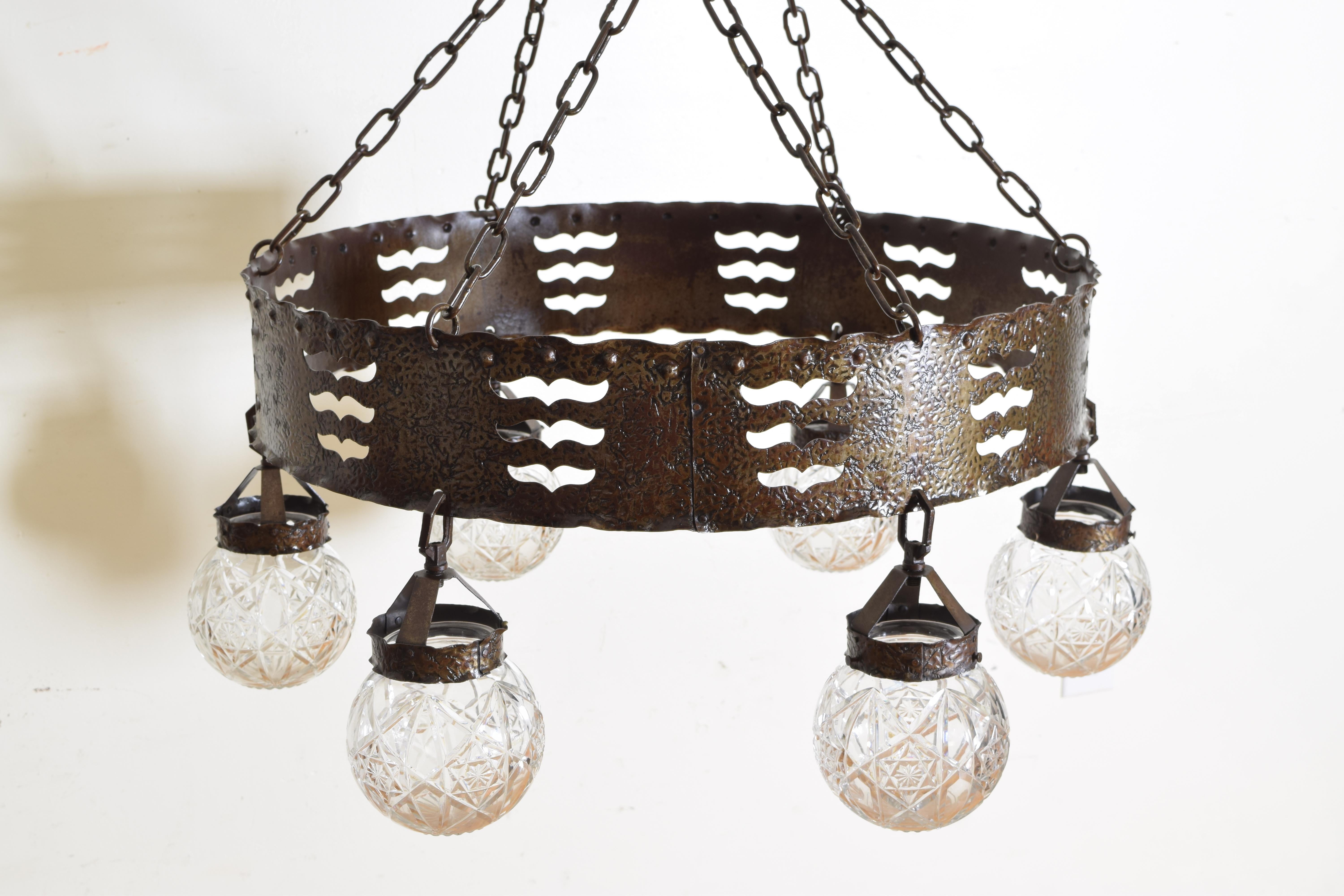 French Late Arts & Crafts Hammered Steel Chandelier, 6 Glass Globes 1