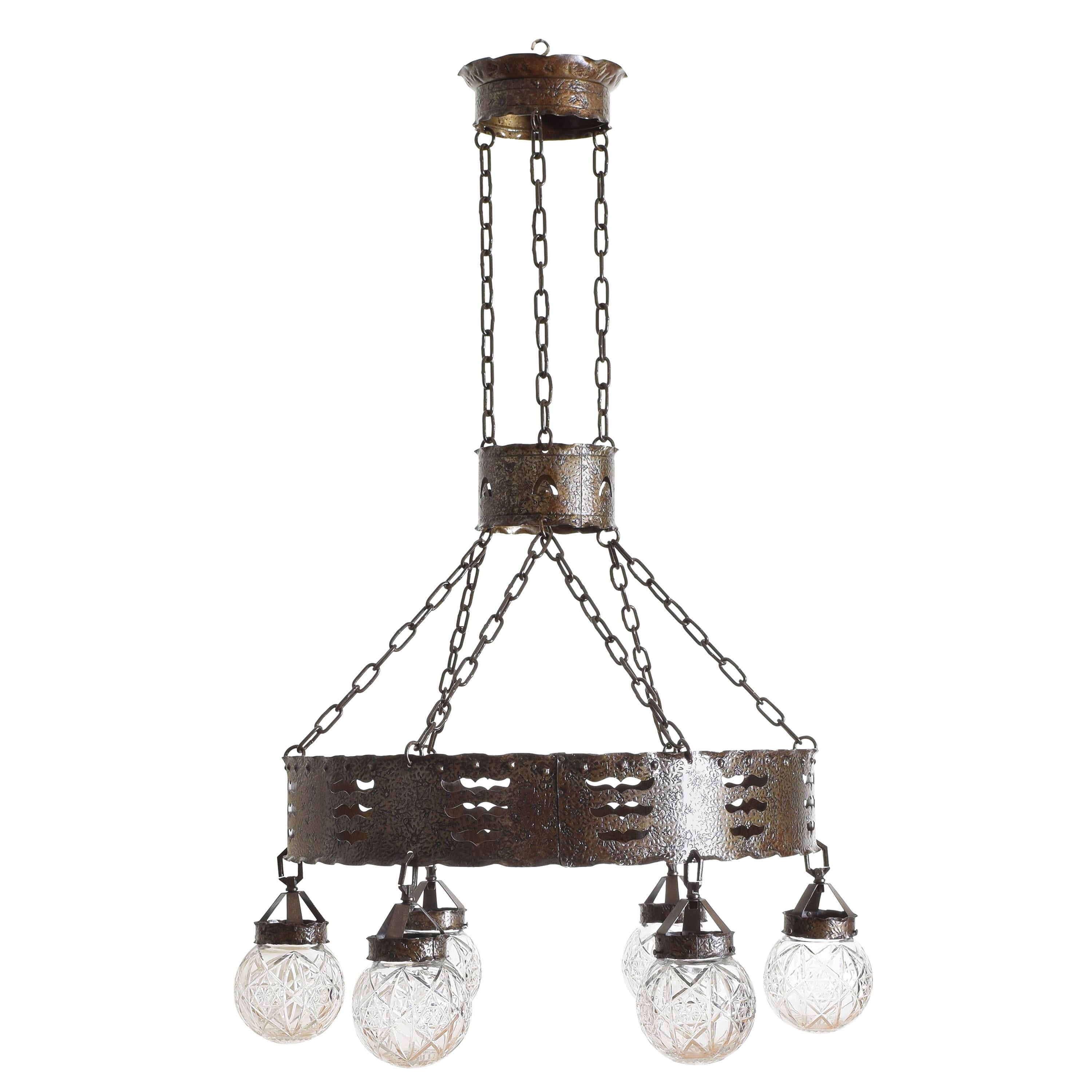 French Late Arts & Crafts Hammered Steel Chandelier, 6 Glass Globes