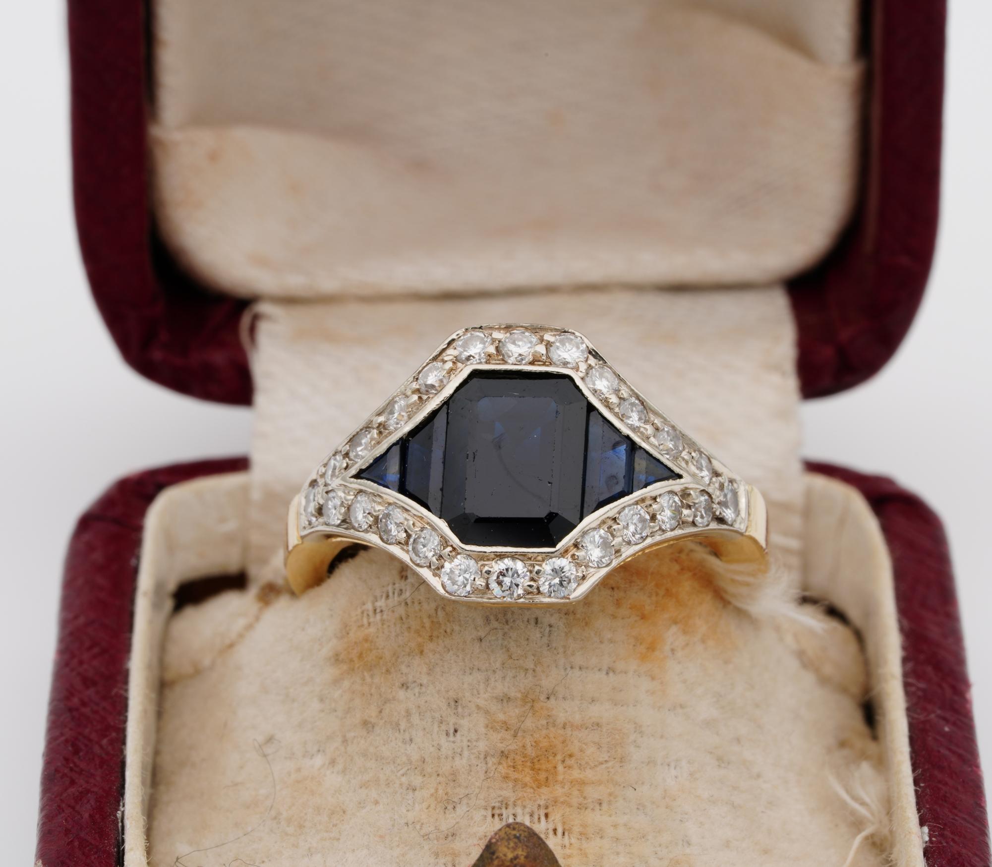 
Art Deco of Distinction

Beautiful French origin late Art Deco period Sapphire and Diamond ring of distinction
Very finely hand crafted of solid 18 Kt gold with a solid Platinum top
The exquisite design is made hexagonal by the Centre Sapphire