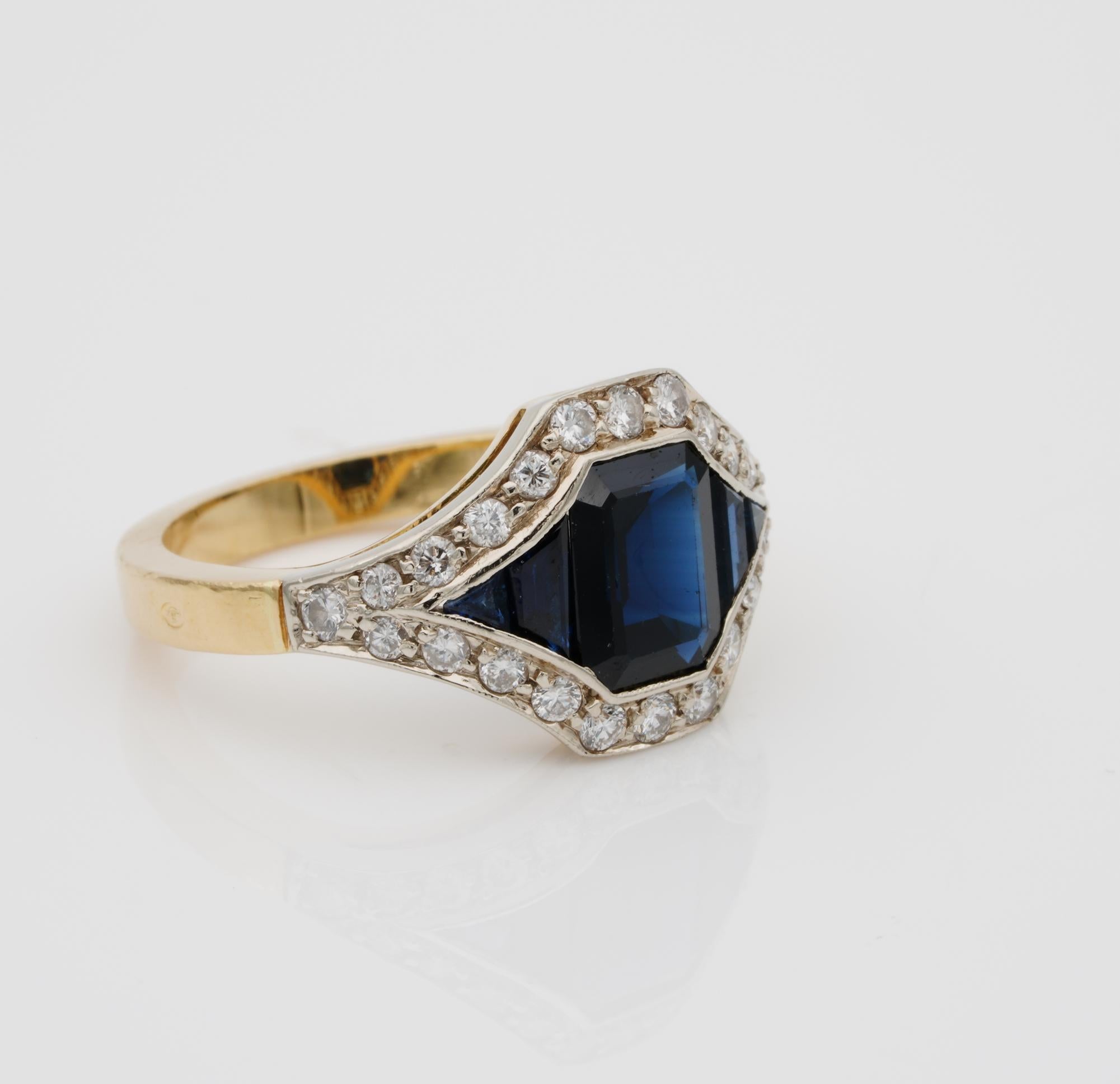 Art Deco French Late Deco 1.95 Carat Natural Sapphire .40 Carat Diamond Distinctive Ring