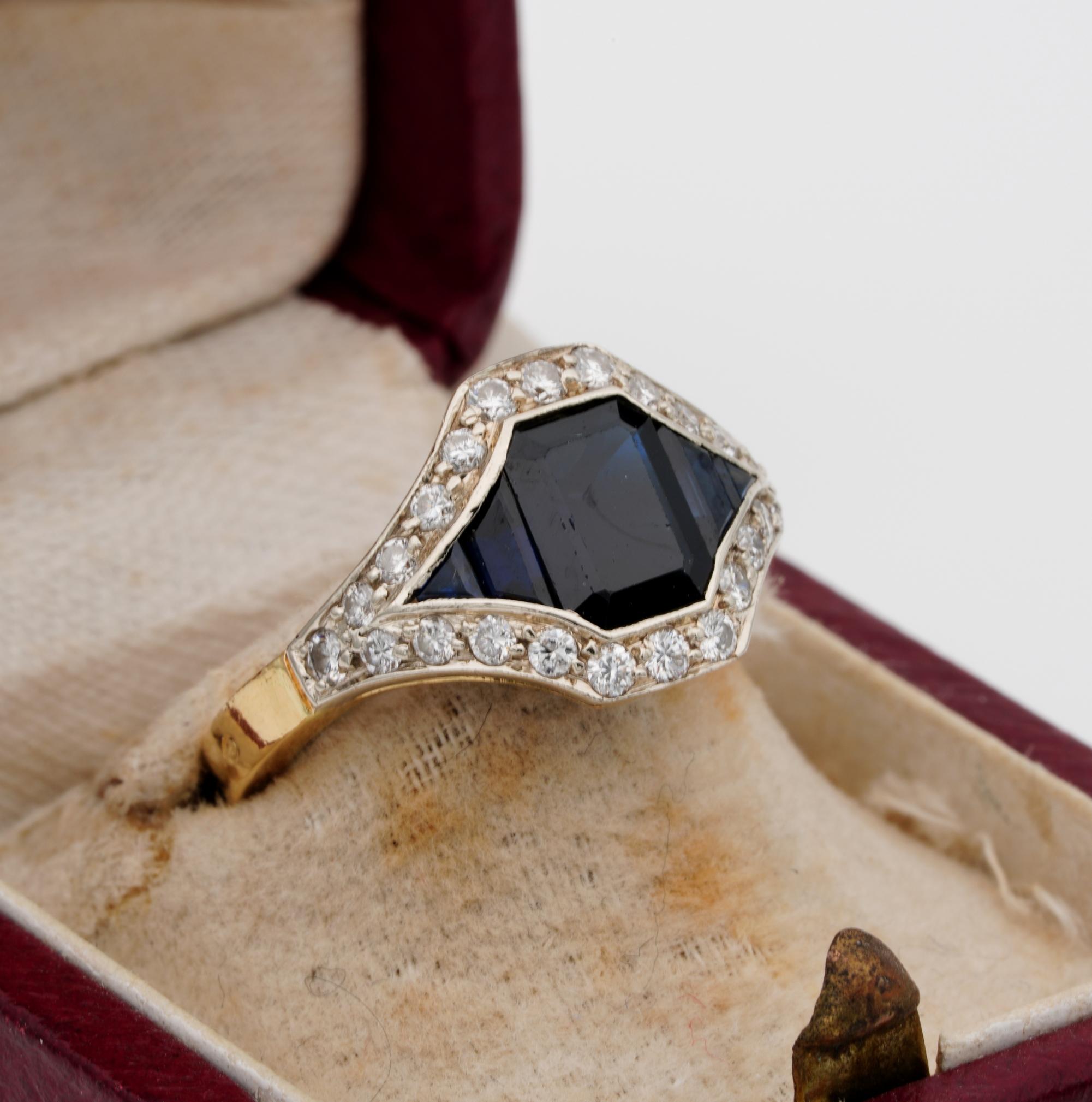 Emerald Cut French Late Deco 1.95 Carat Natural Sapphire .40 Carat Diamond Distinctive Ring