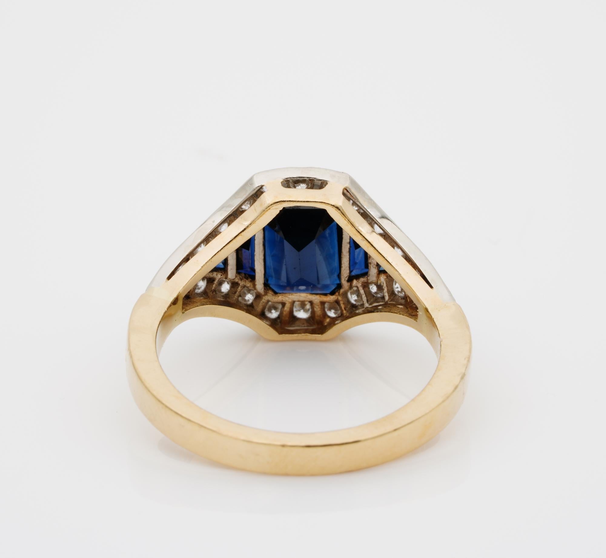 French Late Deco 1.95 Carat Natural Sapphire .40 Carat Diamond Distinctive Ring 1