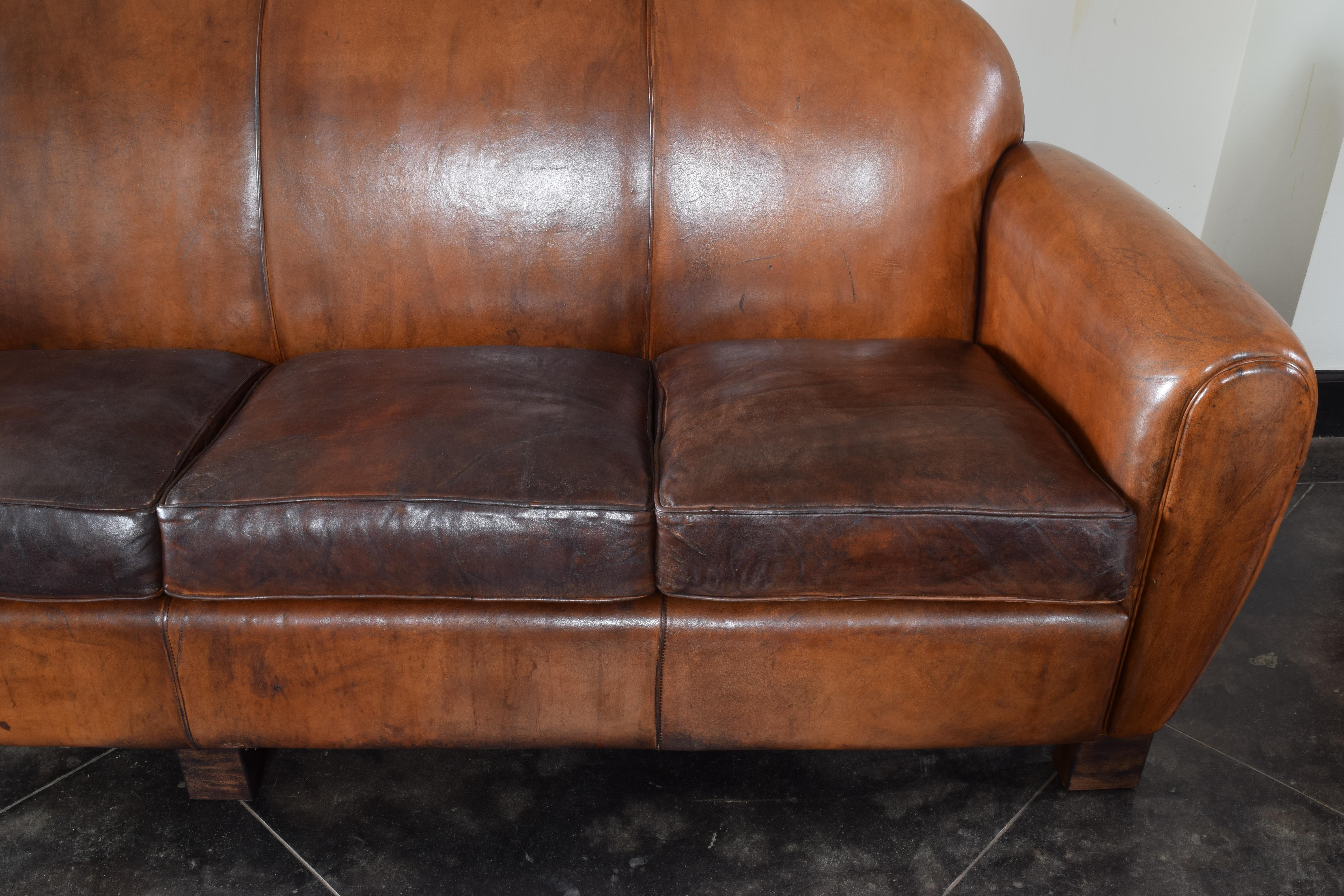 French Late Deco Period Leather Upholstered Four Cushion Sofa, ca. 1940 5