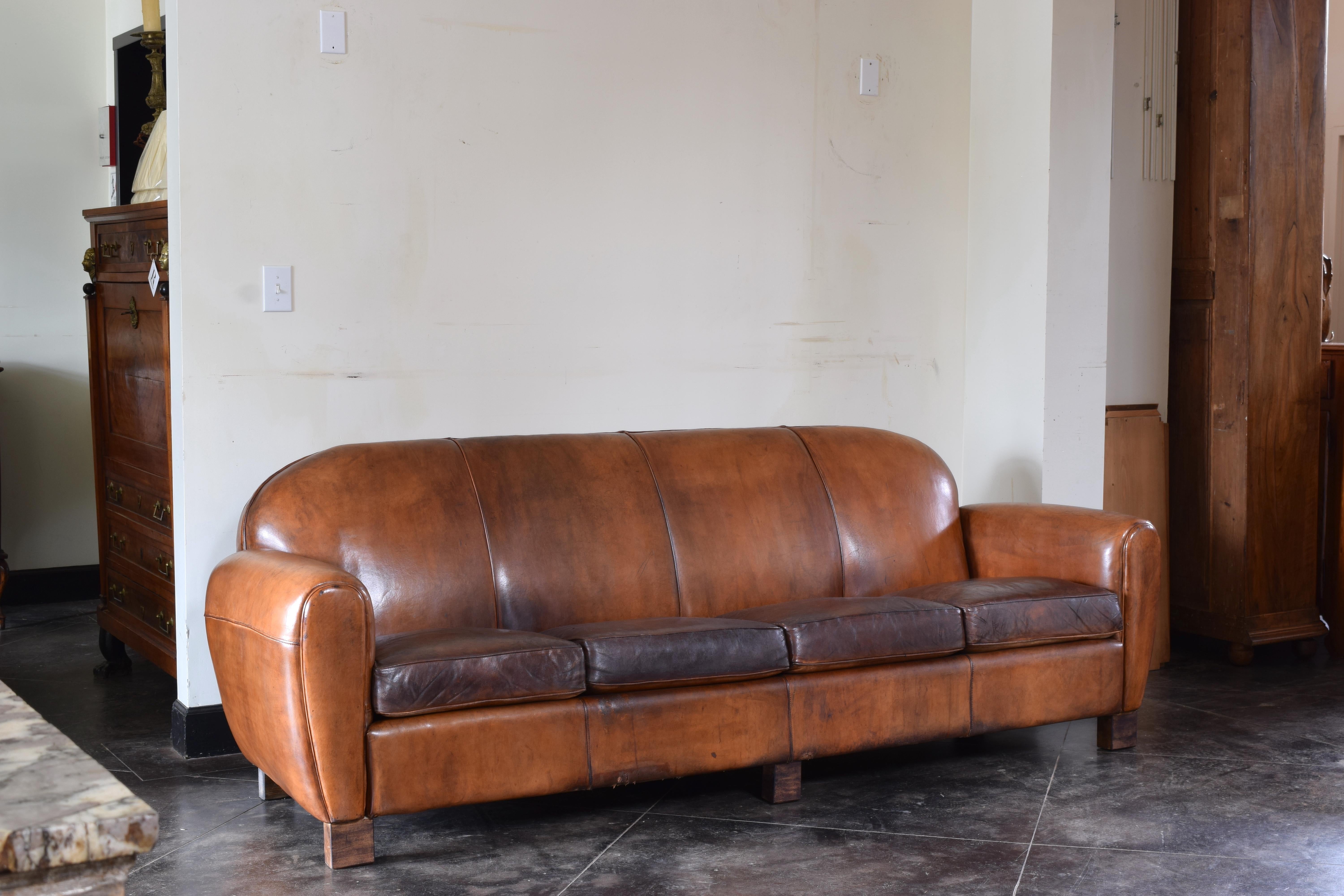 Art Deco French Late Deco Period Leather Upholstered Four Cushion Sofa, ca. 1940