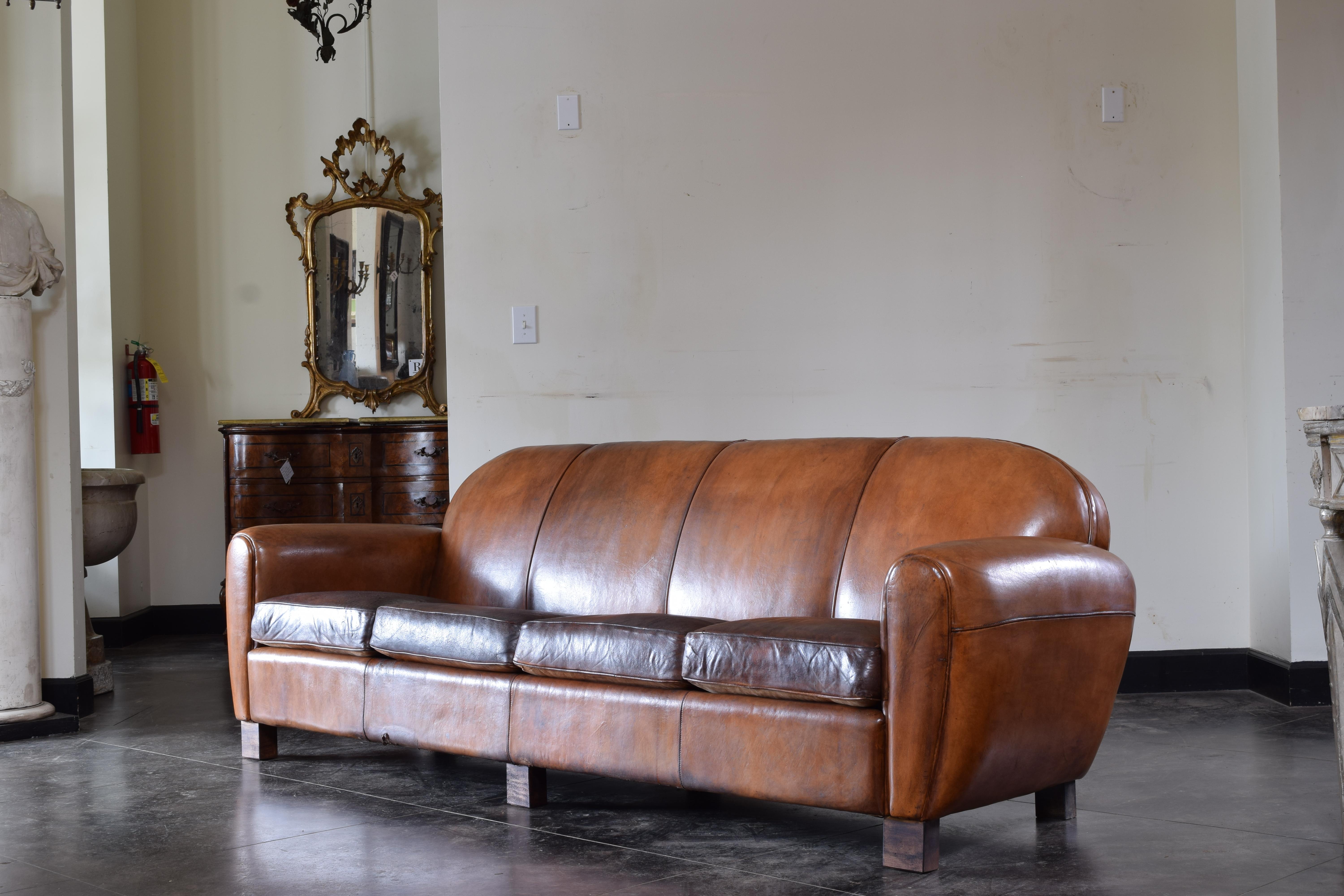 French Late Deco Period Leather Upholstered Four Cushion Sofa, ca. 1940 In Good Condition In Atlanta, GA