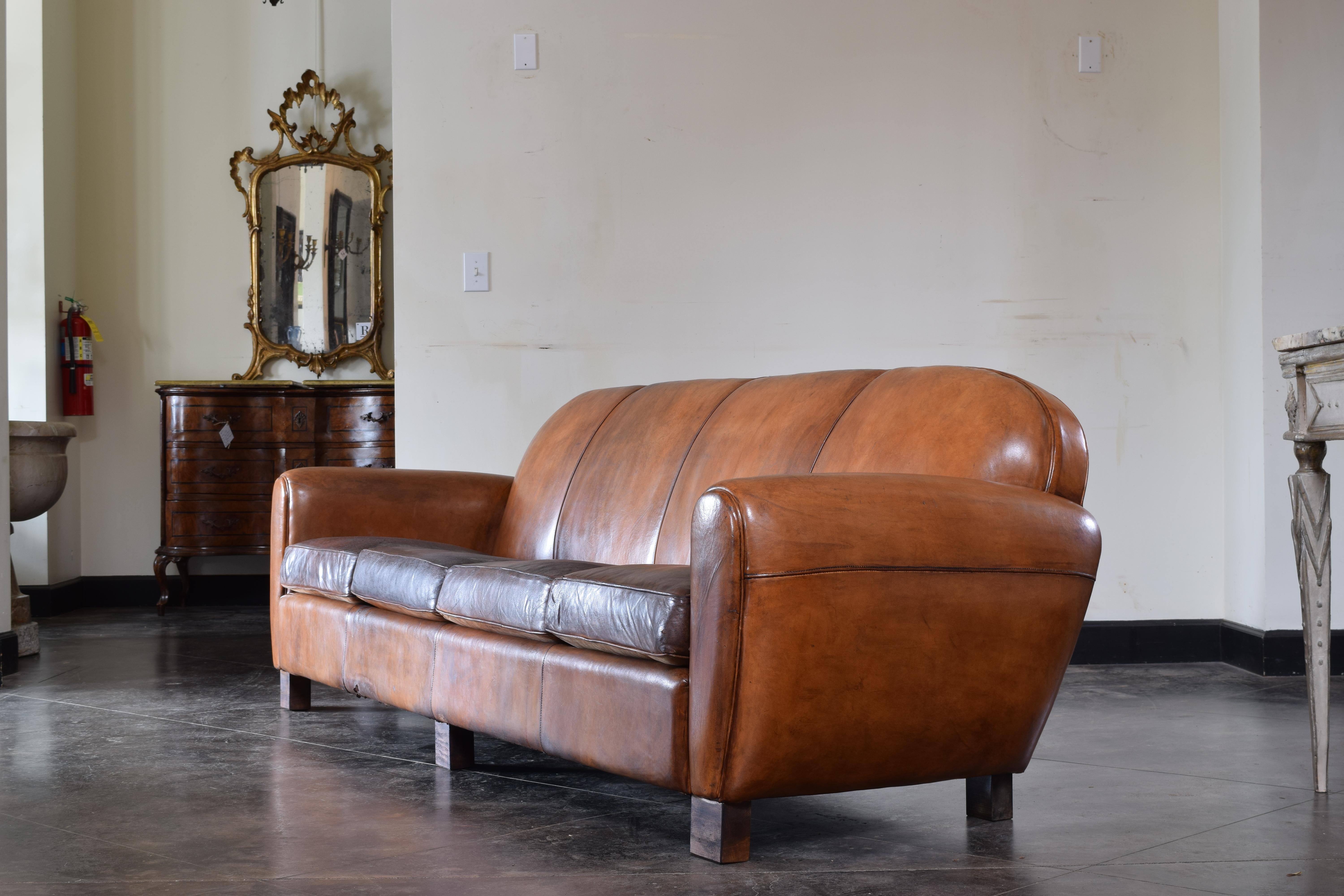 Mid-20th Century French Late Deco Period Leather Upholstered Four Cushion Sofa, ca. 1940