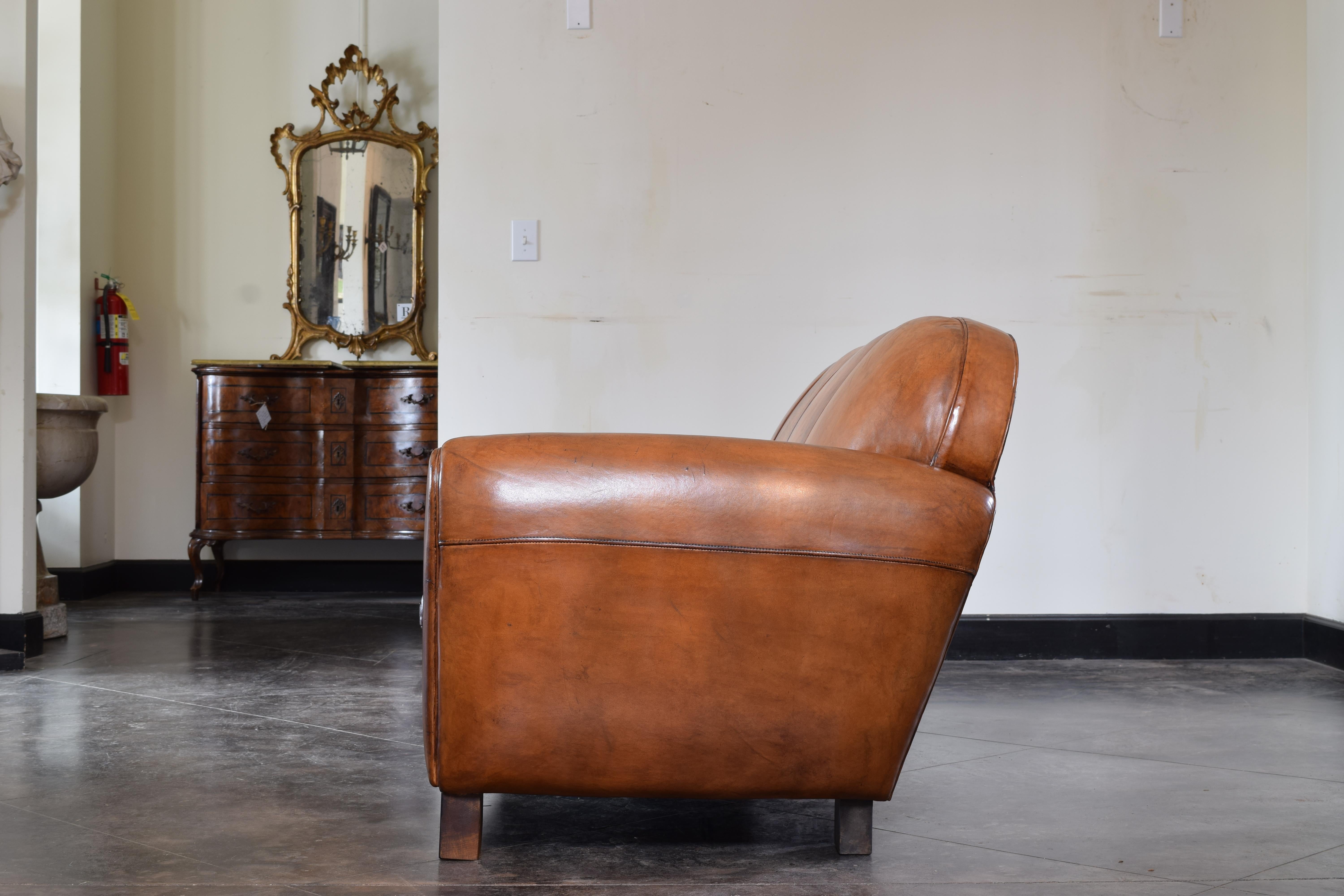 French Late Deco Period Leather Upholstered Four Cushion Sofa, ca. 1940 1