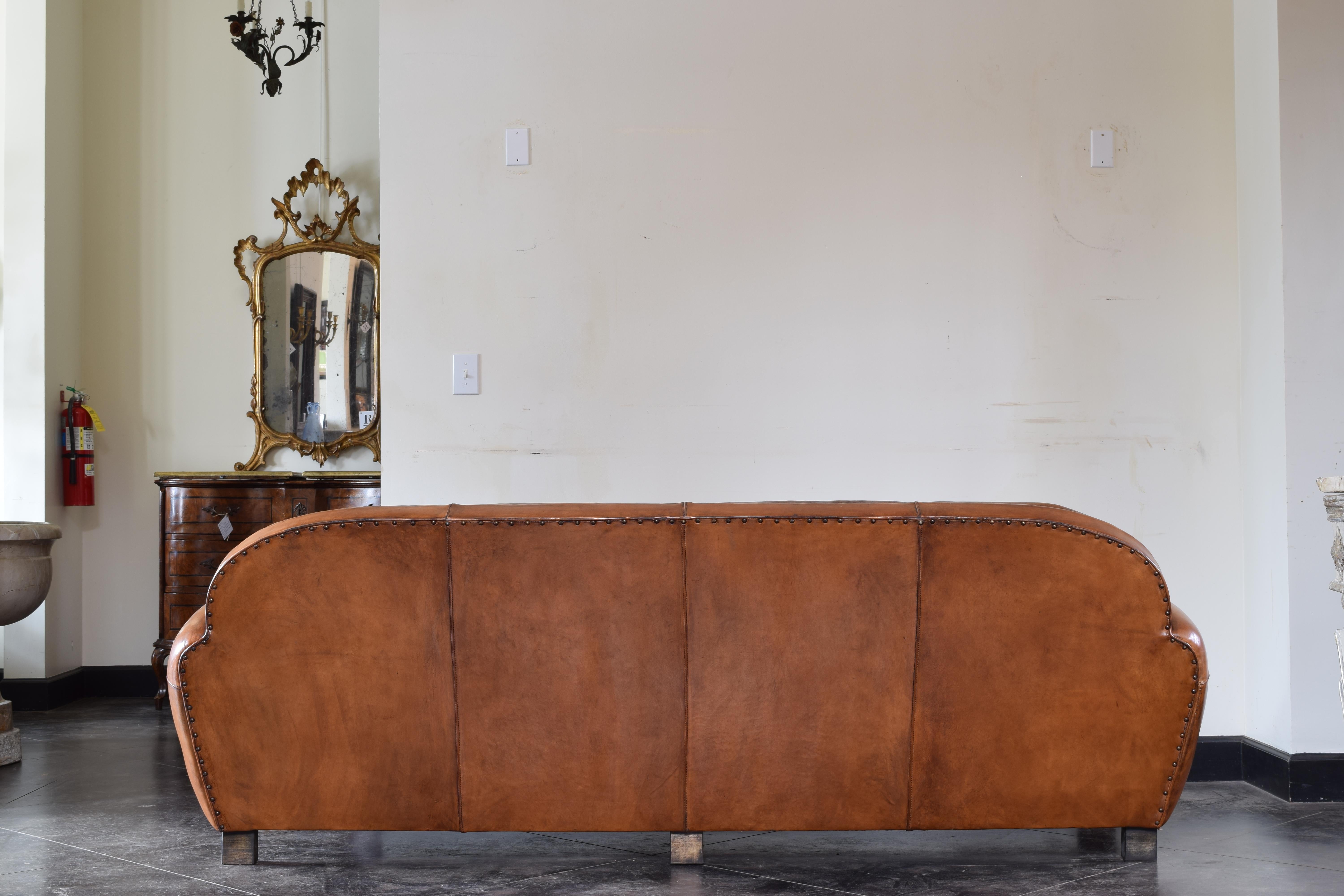 French Late Deco Period Leather Upholstered Four Cushion Sofa, ca. 1940 2