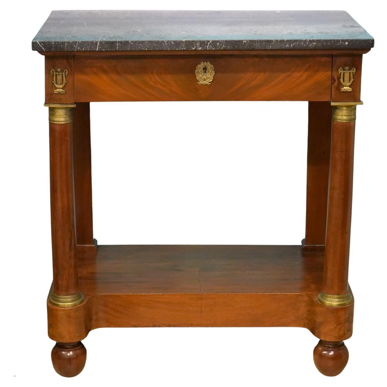 French Late Empire Period Marble Top Gilt Bronze Mounted Mahogany Console Table
