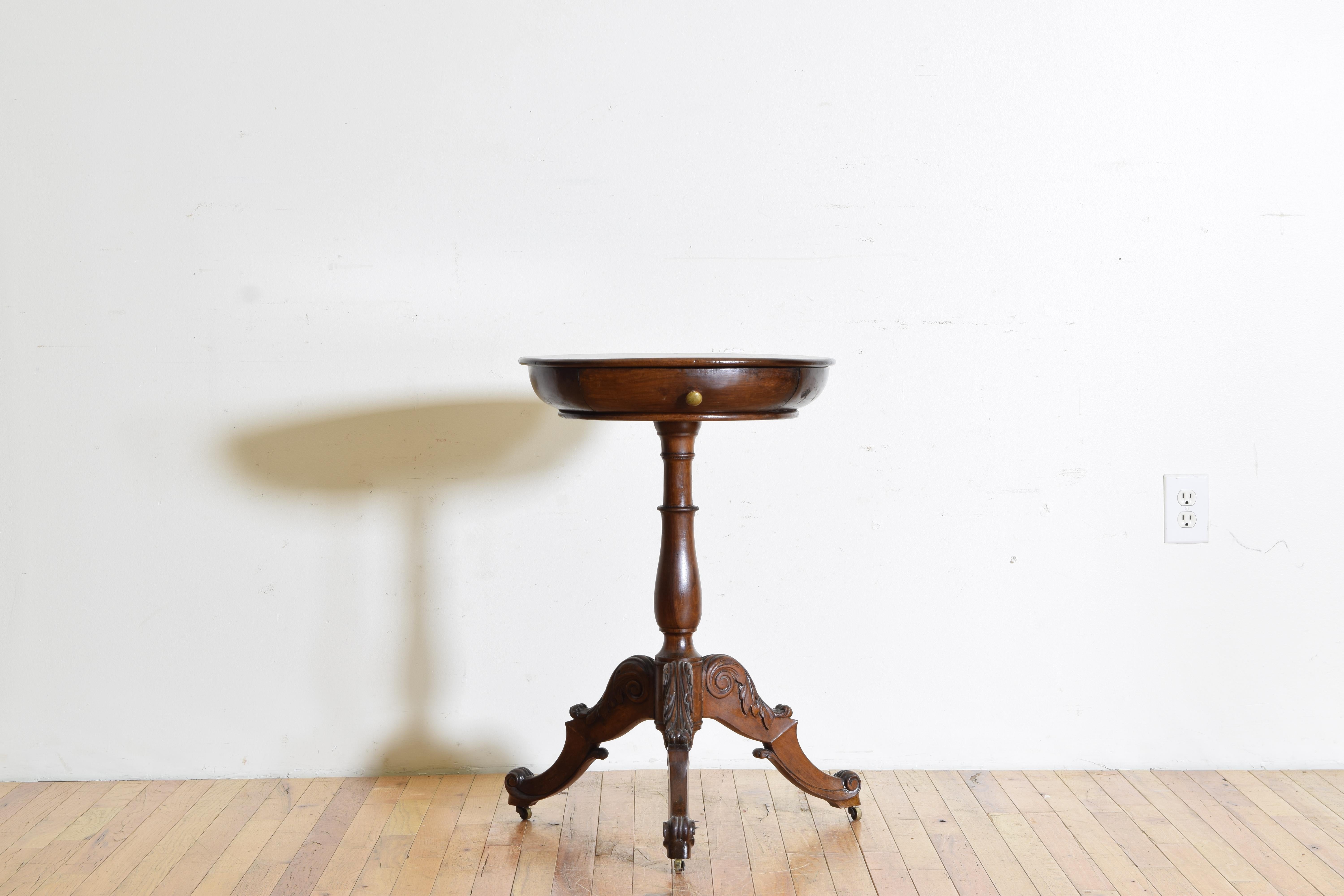 Italian French Late Louis Philippe Shaped & Carved Walnut 1 Drawer Side Table, Mid 19thc