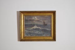 French Oil on Canvas, Nocturne with Ship off Coast, ca. 1923