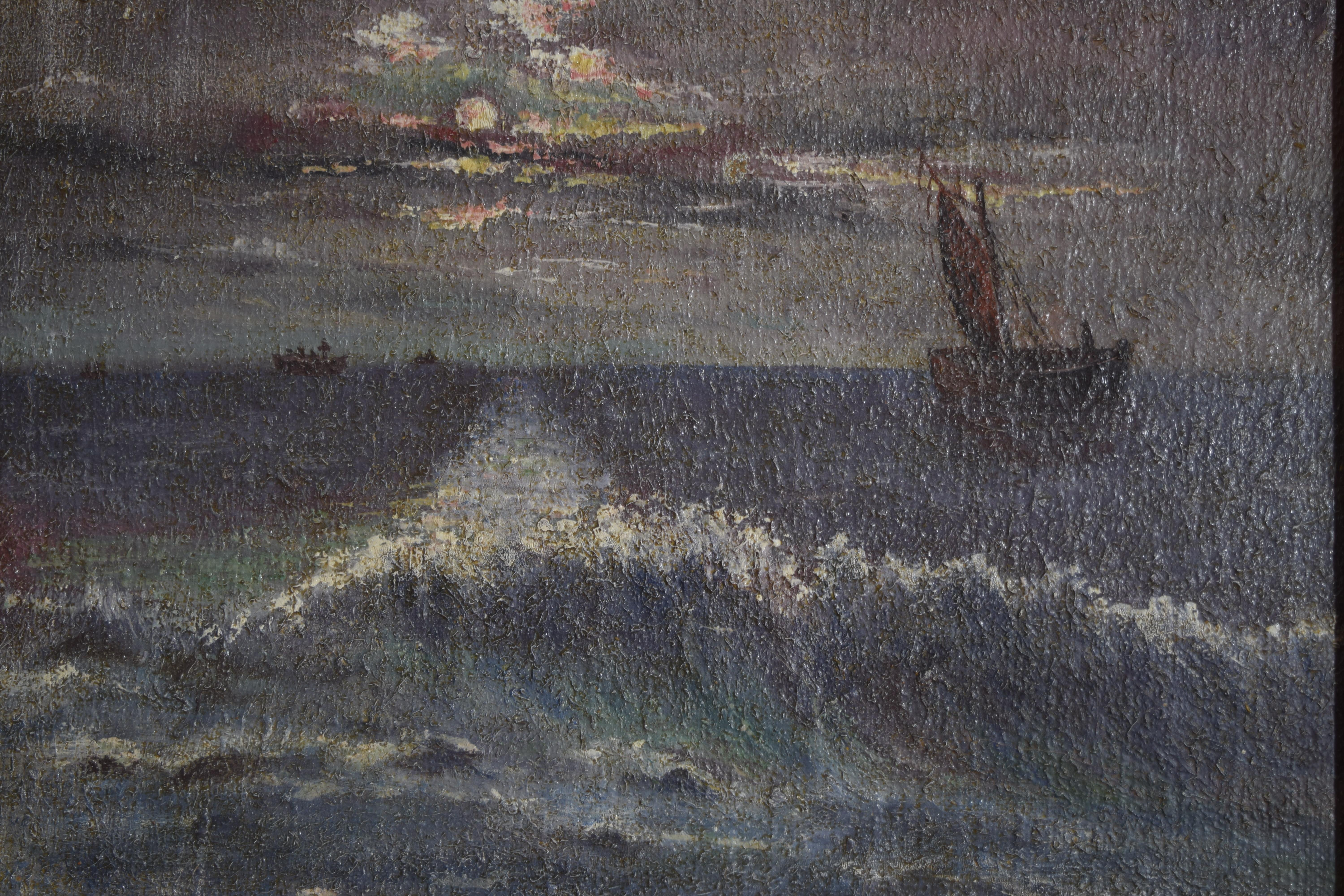 Francese Olio su tela francese tardo-neoclassico, Notturno con nave al largo della costa, 1840 ca. in vendita