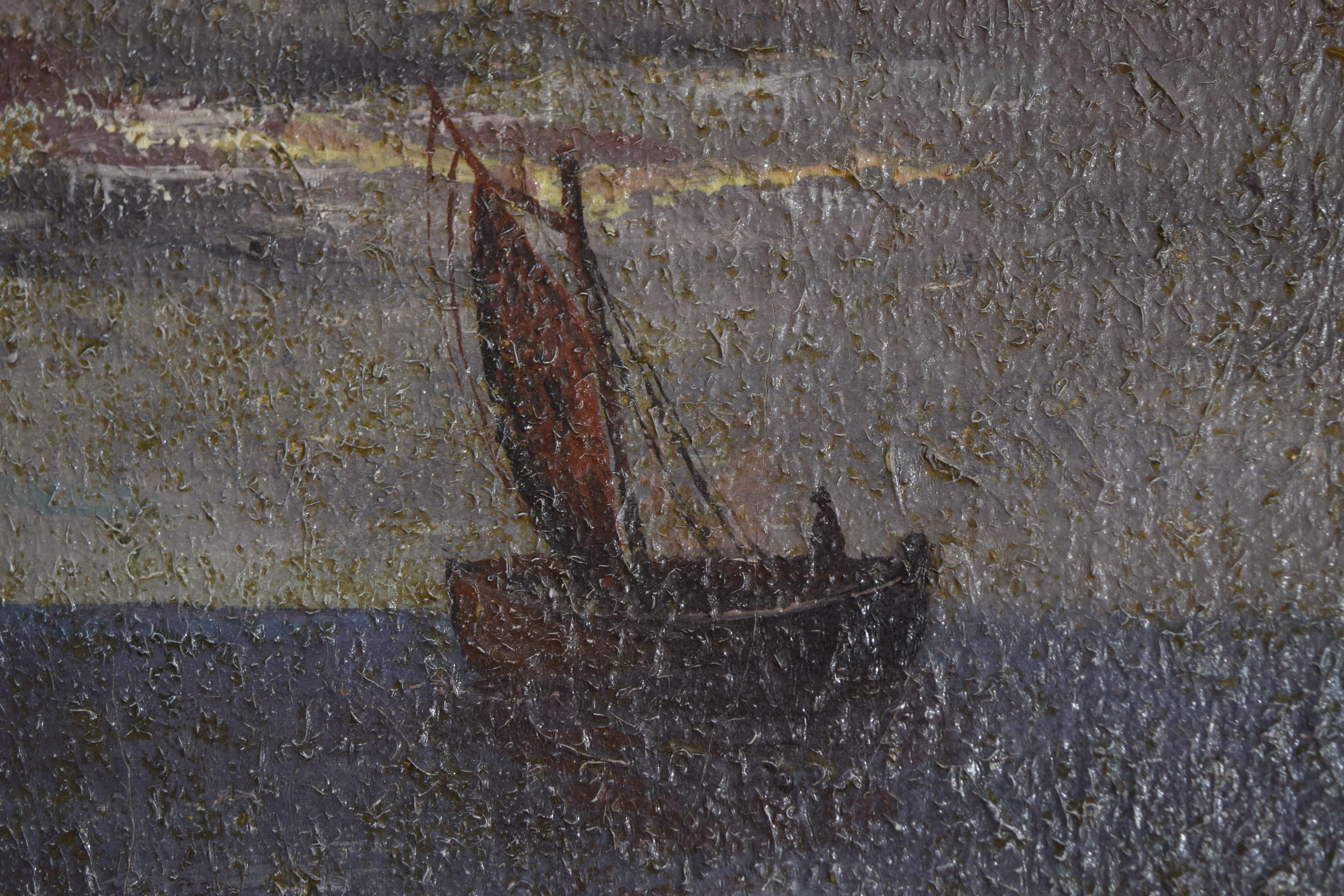 Olio su tela francese tardo-neoclassico, Notturno con nave al largo della costa, 1840 ca. In condizioni buone in vendita a Atlanta, GA