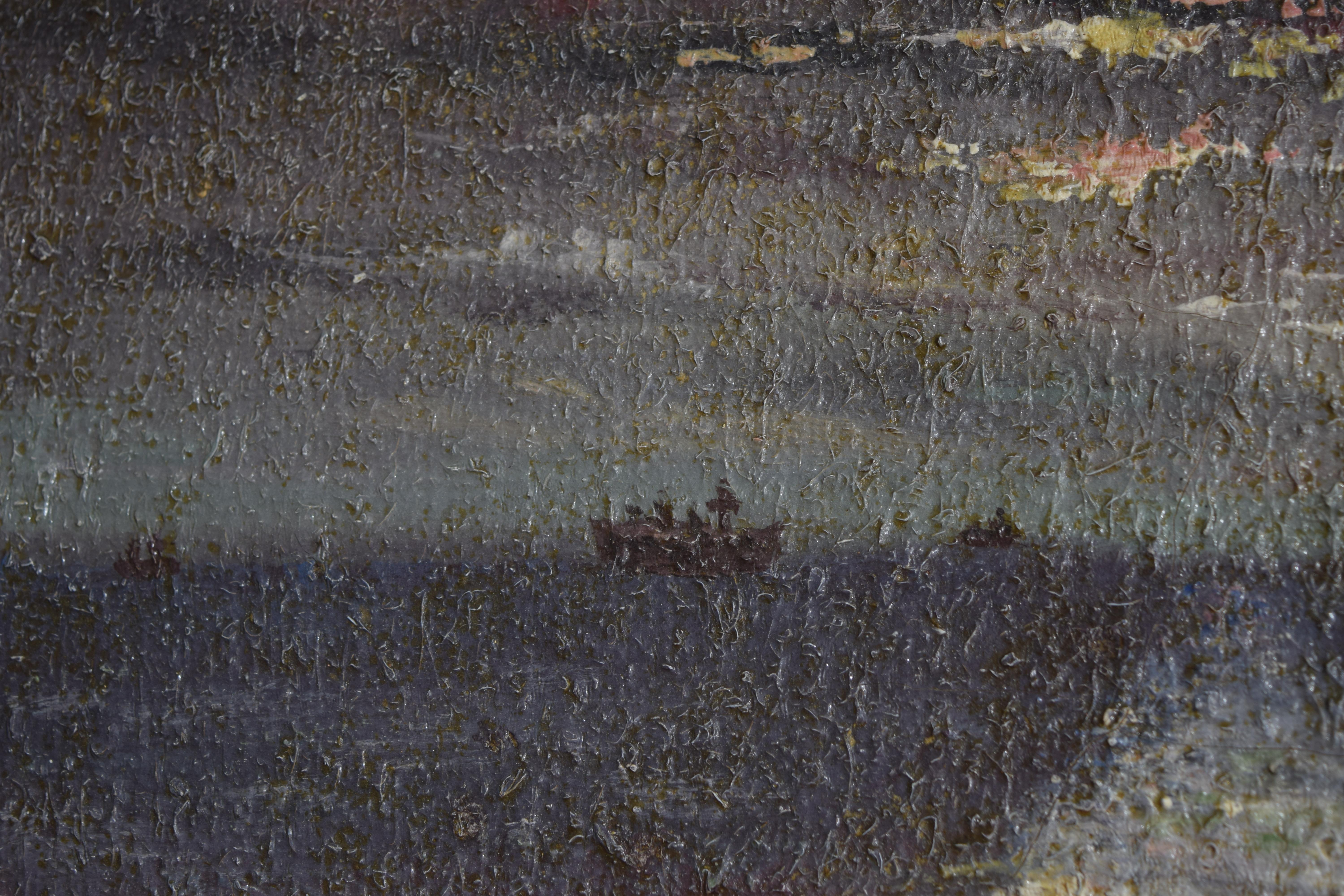 Metà XIX secolo Olio su tela francese tardo-neoclassico, Notturno con nave al largo della costa, 1840 ca. in vendita