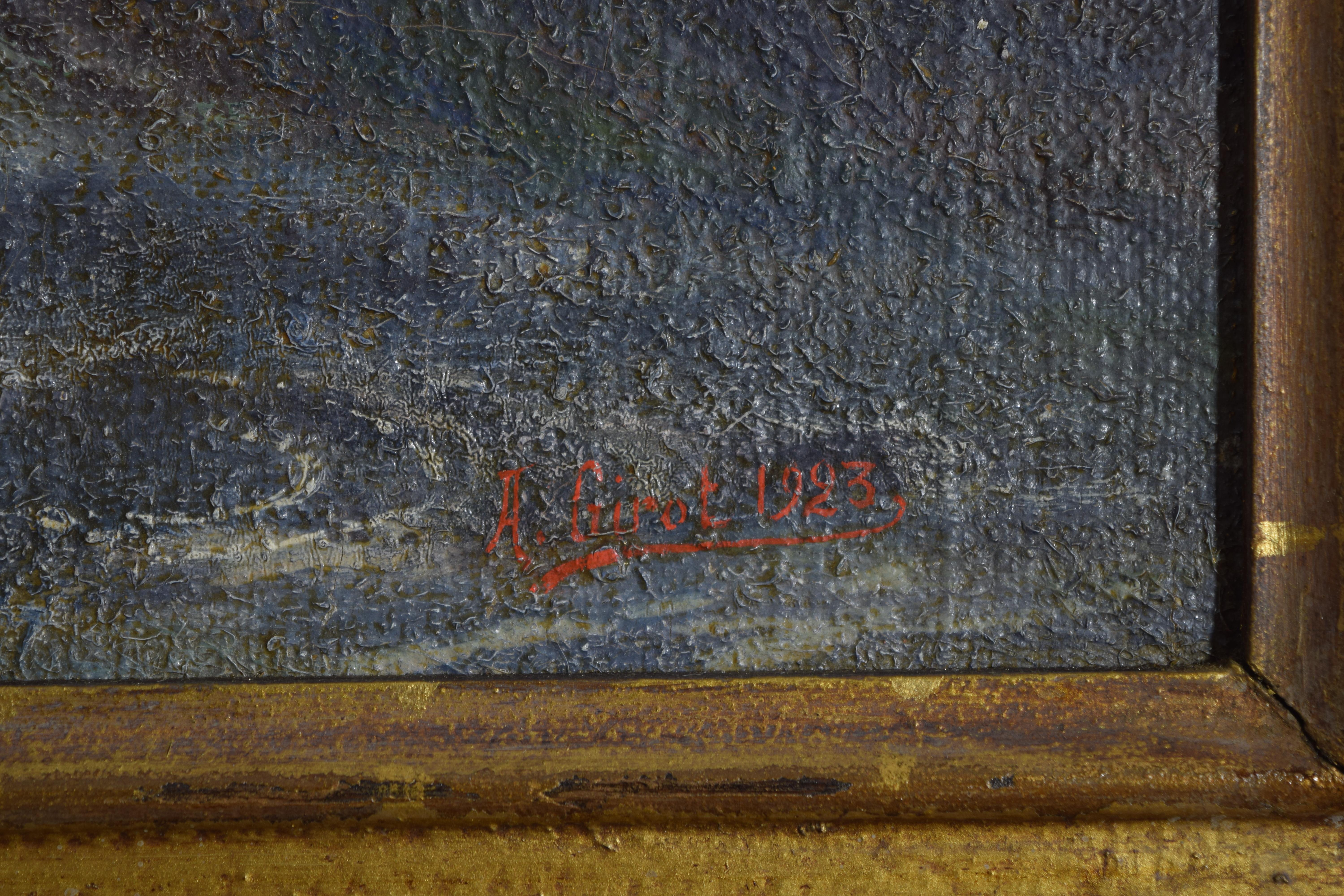 Pittura Olio su tela francese tardo-neoclassico, Notturno con nave al largo della costa, 1840 ca. in vendita