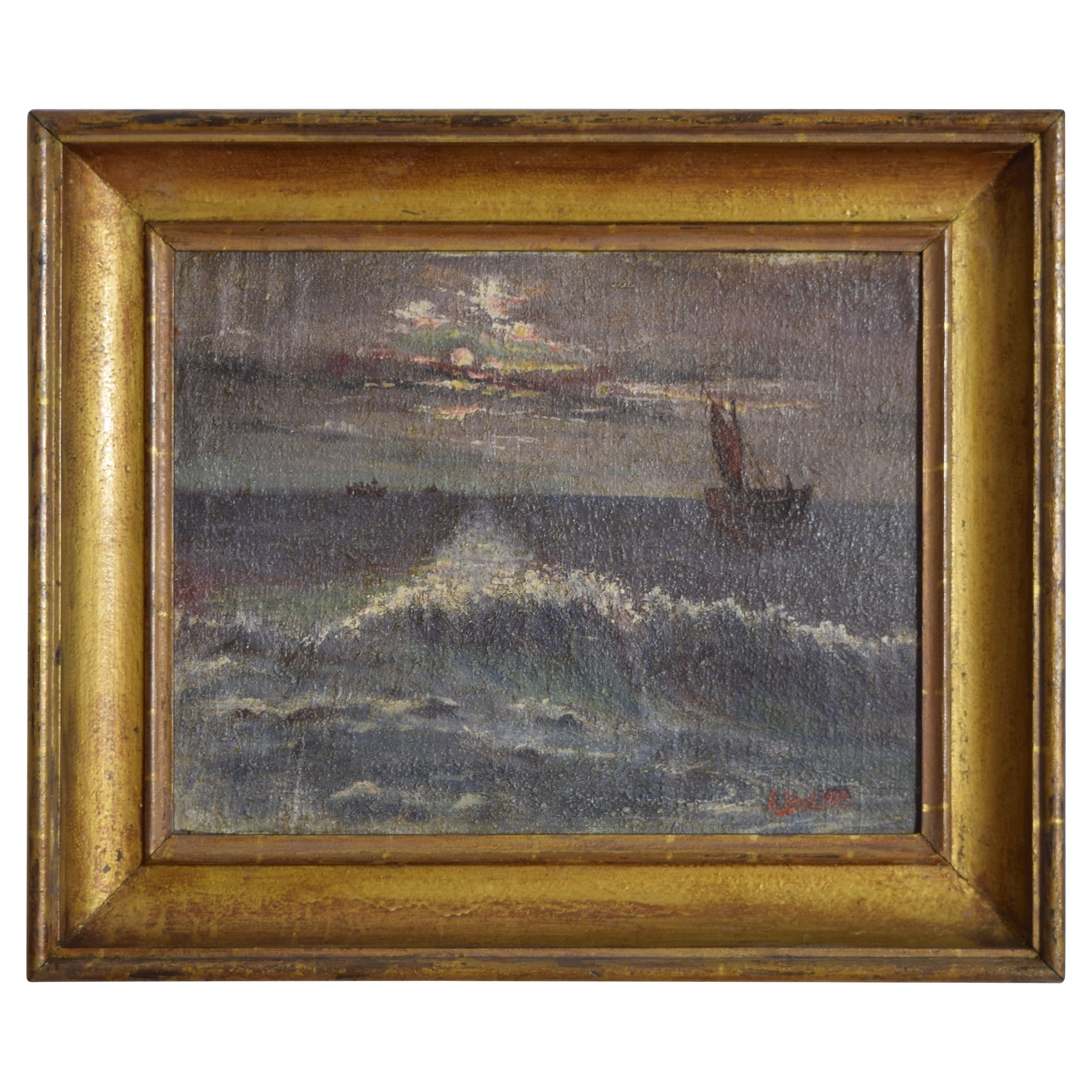 Olio su tela francese tardo-neoclassico, Notturno con nave al largo della costa, 1840 ca. in vendita