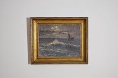 Olio su tela francese tardo-neoclassico, Notturno con nave al largo della costa, 1840 ca.