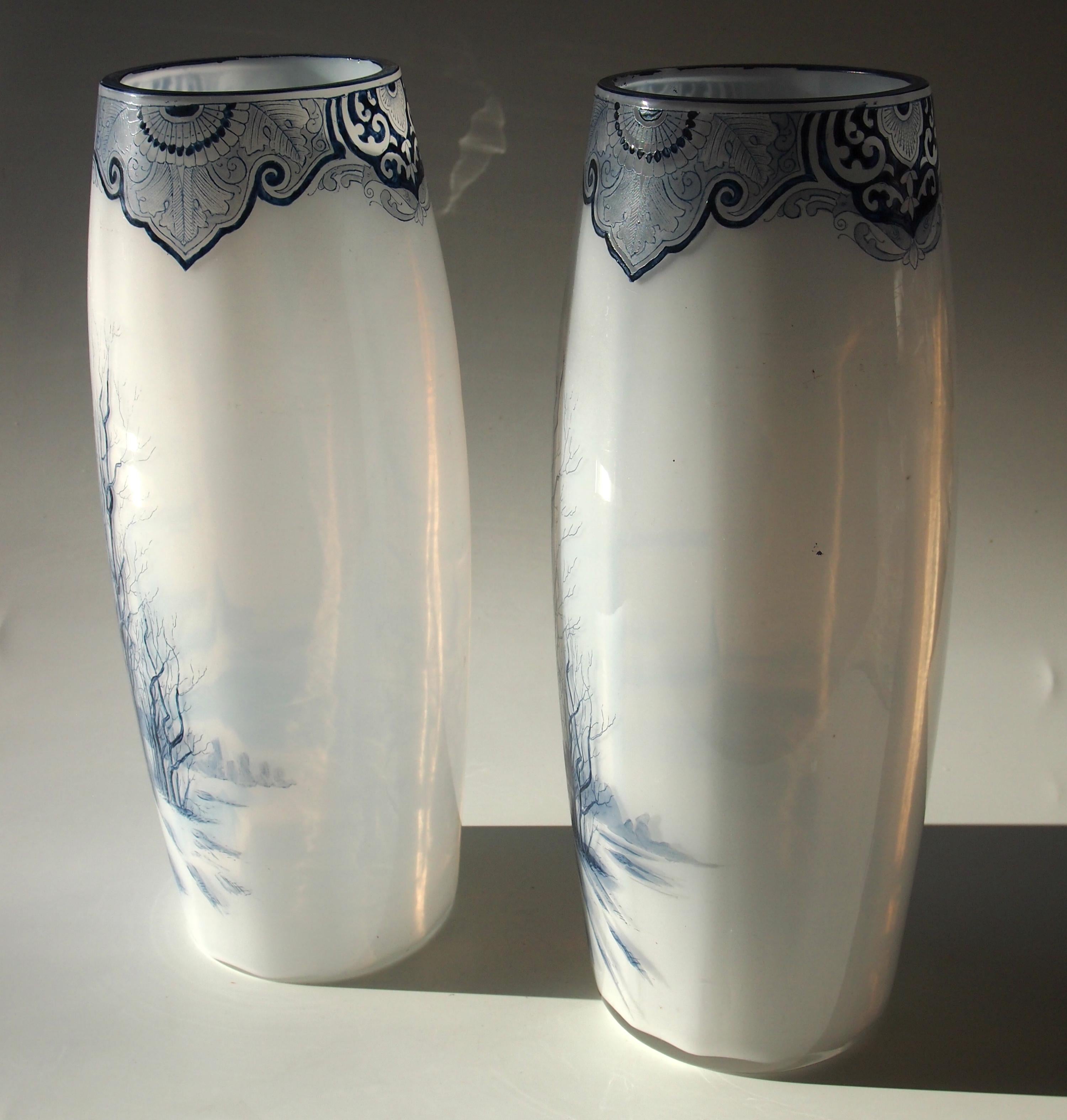 French Late Victorian Legras Pair of Enamel Glass 'Delft' Vases, circa 1900 In Good Condition For Sale In London, GB