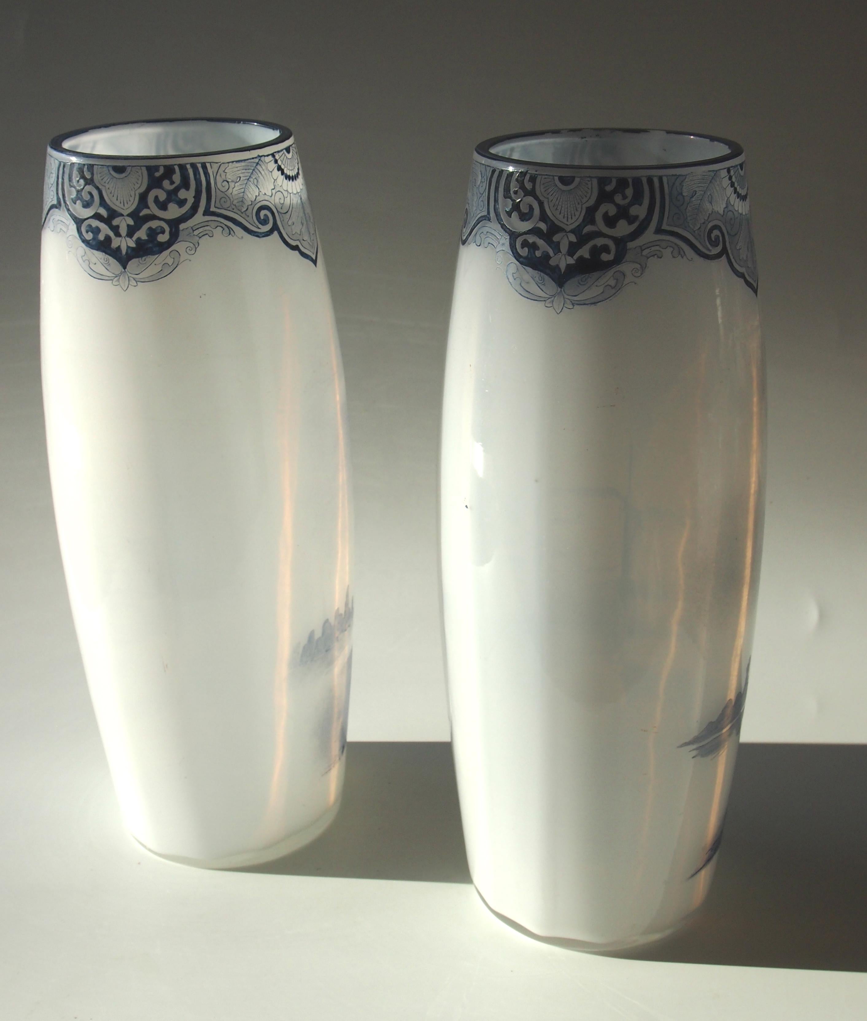 Early 20th Century French Late Victorian Legras Pair of Enamel Glass 'Delft' Vases, circa 1900 For Sale