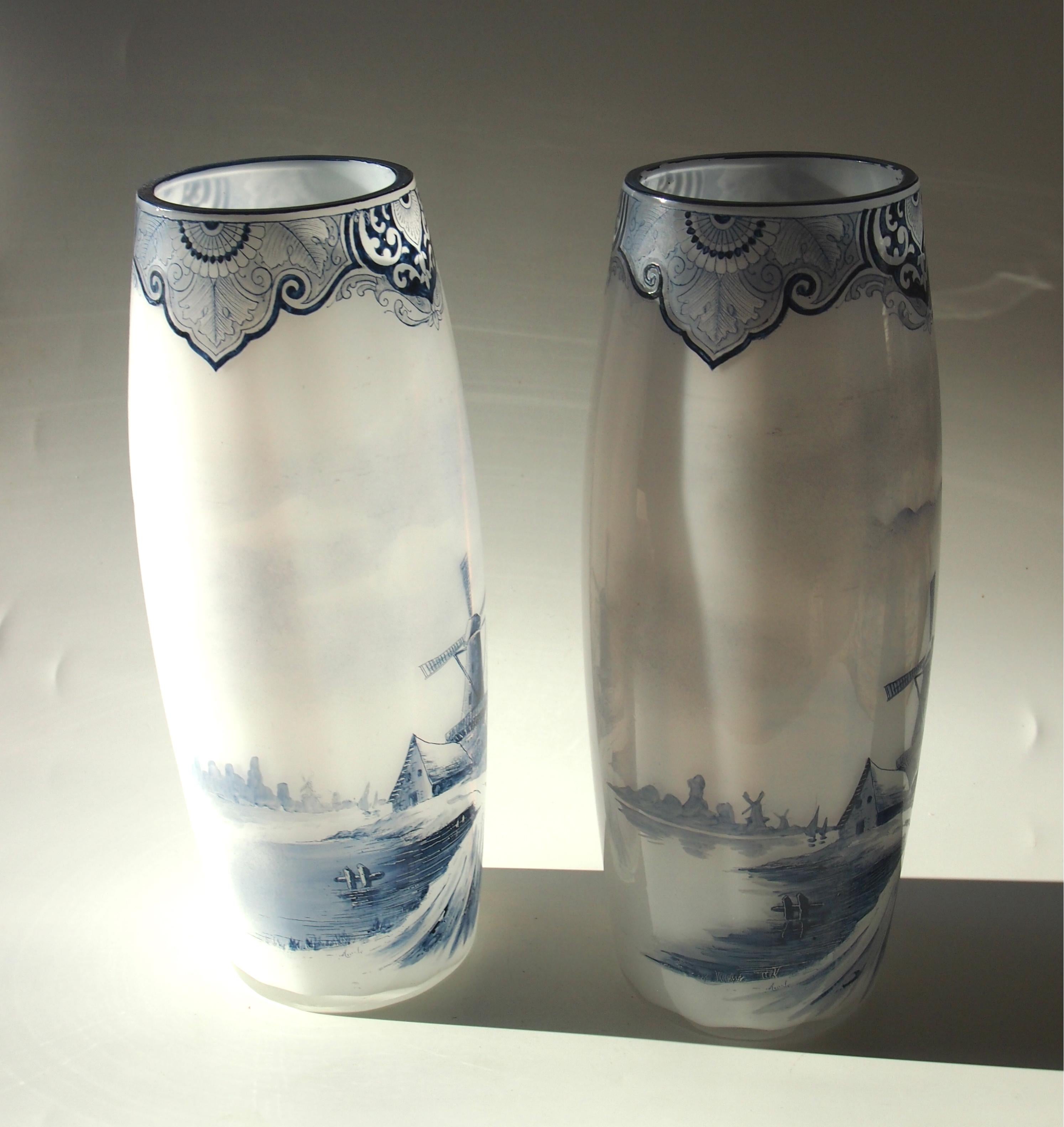 French Late Victorian Legras Pair of Enamel Glass 'Delft' Vases, circa 1900 For Sale 1