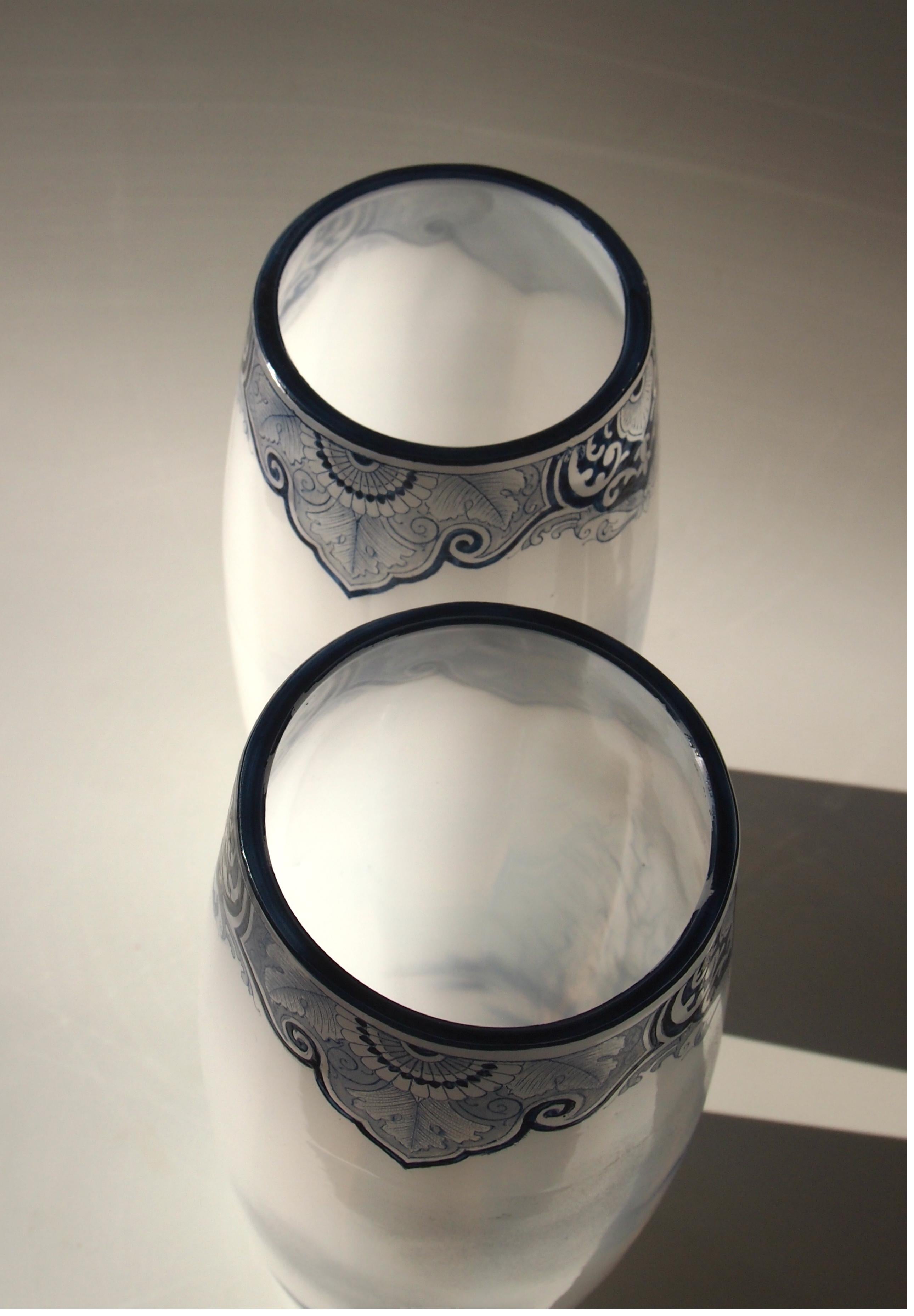 French Late Victorian Legras Pair of Enamel Glass 'Delft' Vases, circa 1900 For Sale 2