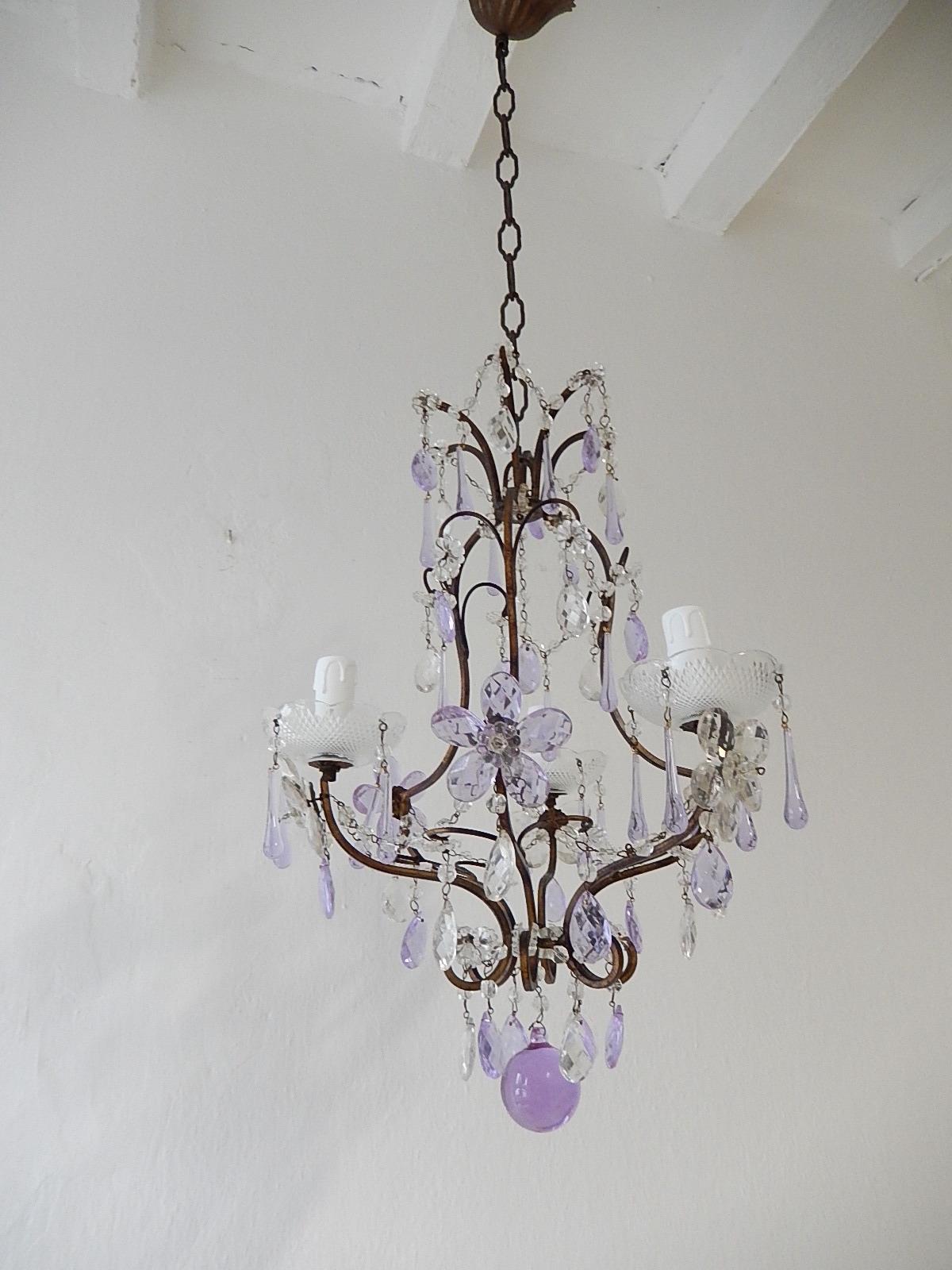 French Lavender Purple Drops Beaded Swags Crystal Prisms Chandelier, circa 1920 7